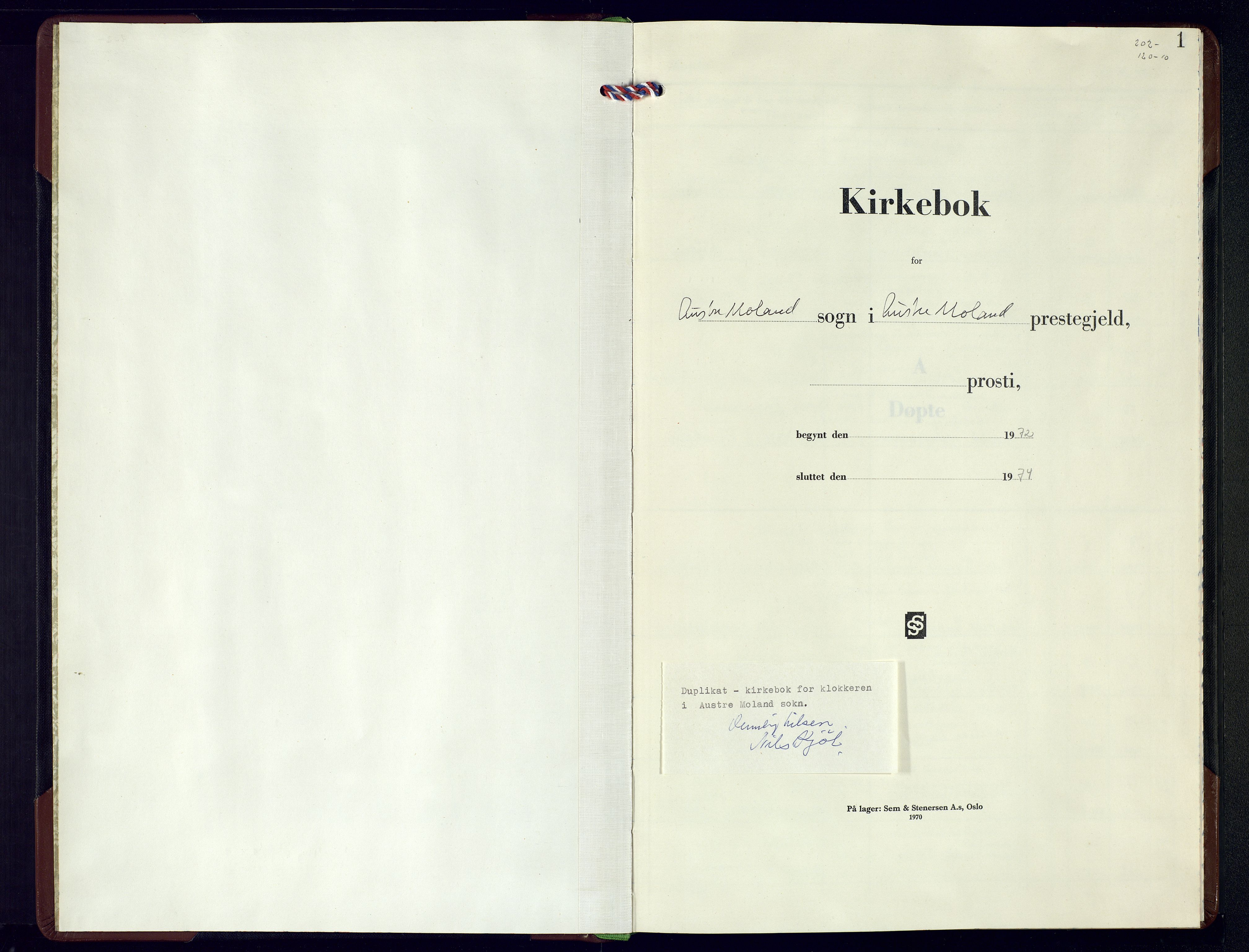 Austre Moland sokneprestkontor, AV/SAK-1111-0001/F/Fb/Fba/L0007: Klokkerbok nr. B-6, 1972-1974, s. 1