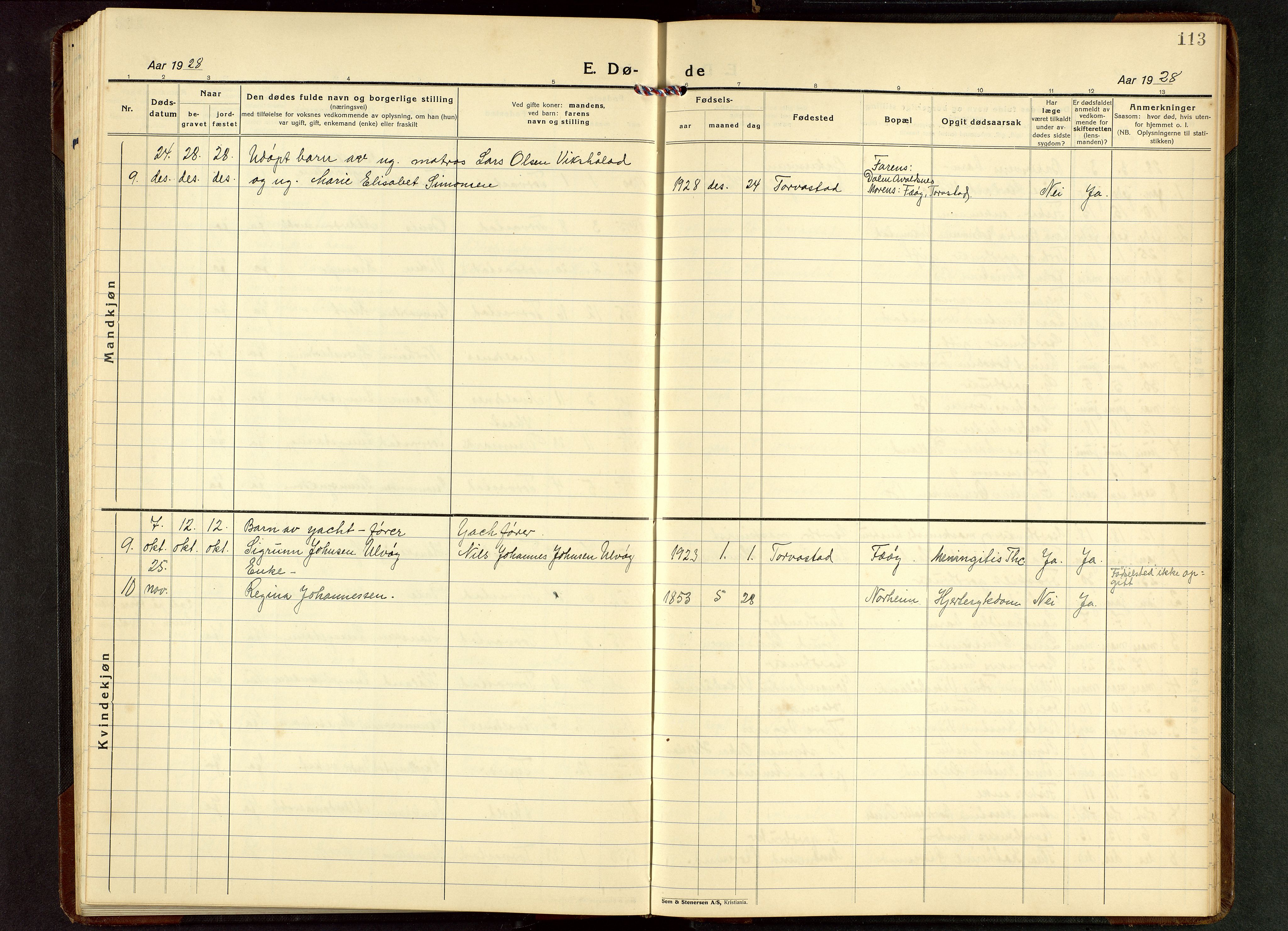 Torvastad sokneprestkontor, AV/SAST-A -101857/H/Ha/Hab/L0009: Klokkerbok nr. B 9, 1924-1949, s. 113