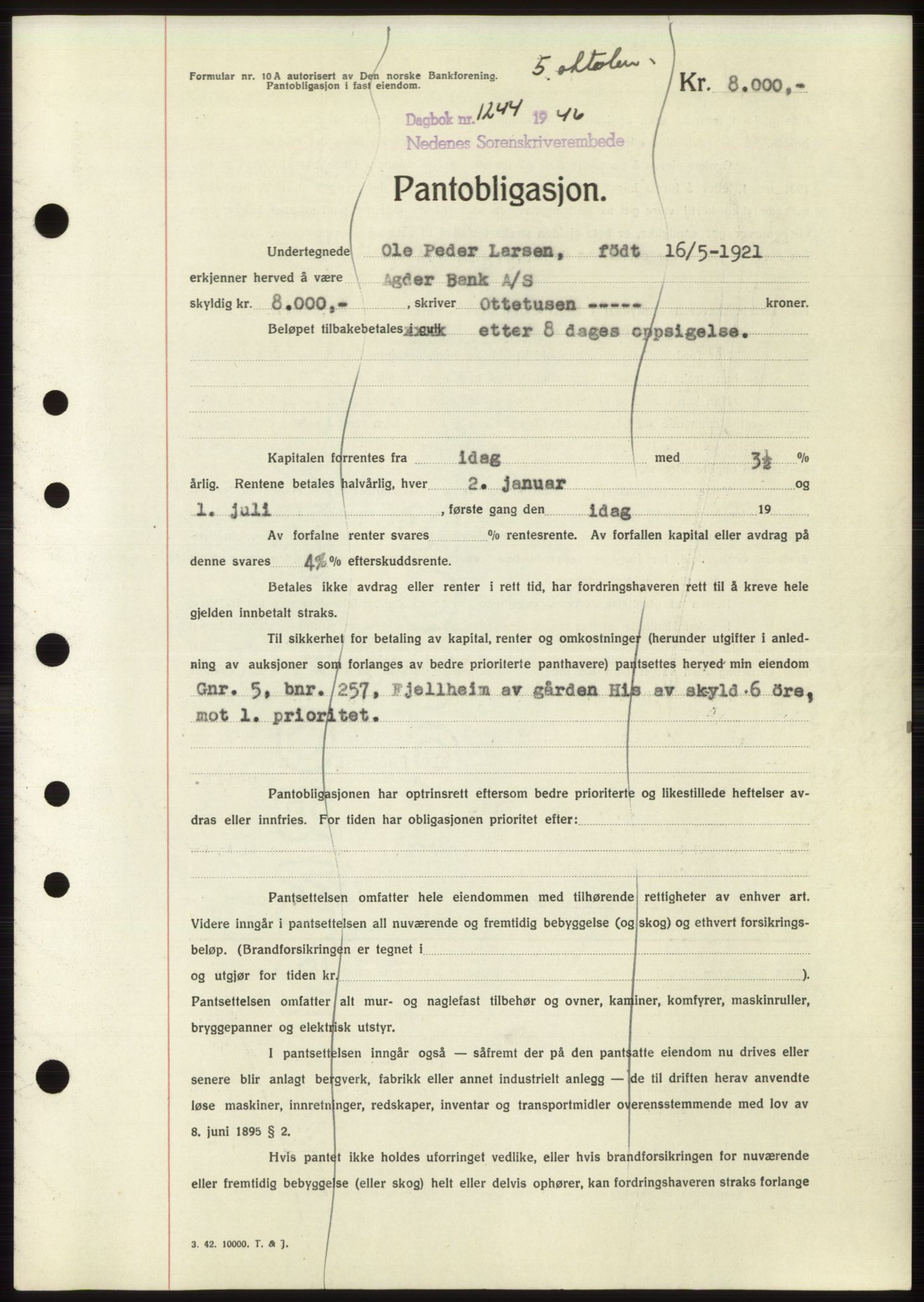 Nedenes sorenskriveri, AV/SAK-1221-0006/G/Gb/Gbb/L0003: Pantebok nr. B3b, 1946-1946, Dagboknr: 1244/1946