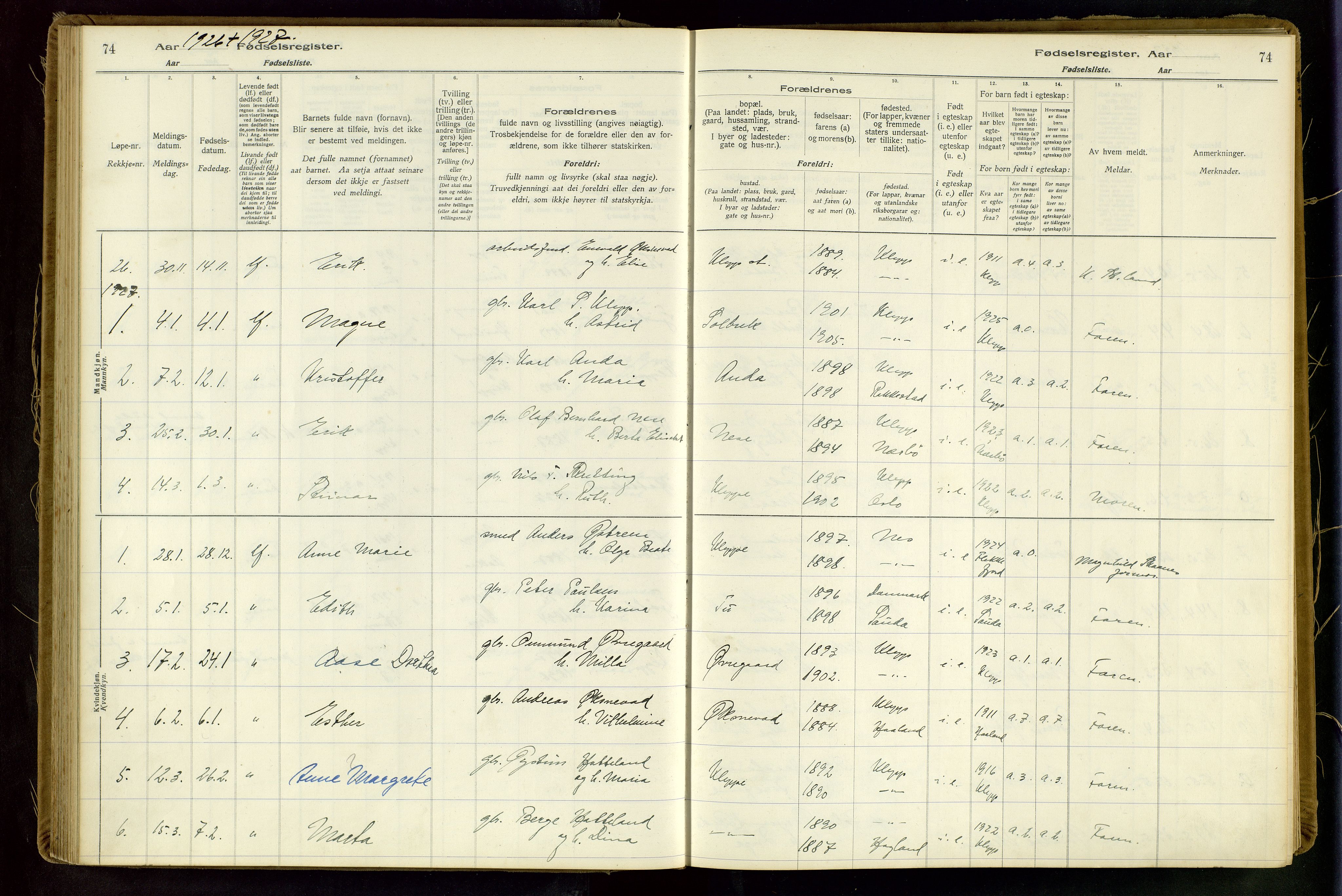 Klepp sokneprestkontor, AV/SAST-A-101803/001/704BAA/L0001: Fødselsregister nr. 1, 1916-1948, s. 74