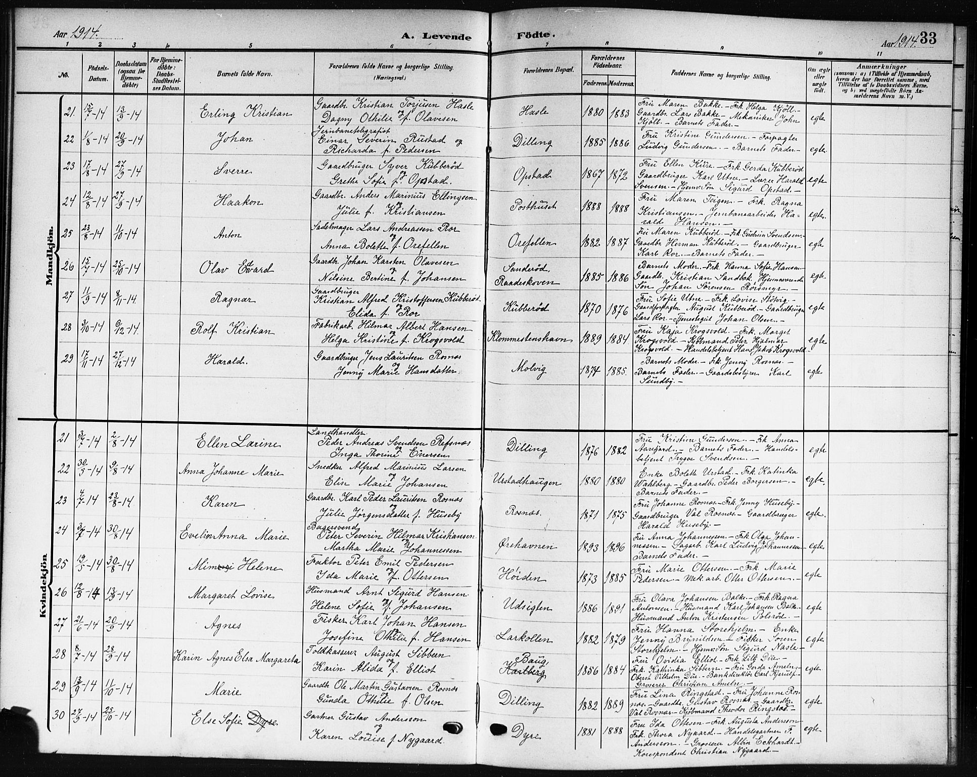 Rygge prestekontor Kirkebøker, AV/SAO-A-10084b/G/Ga/L0003: Klokkerbok nr. 3, 1906-1921, s. 33