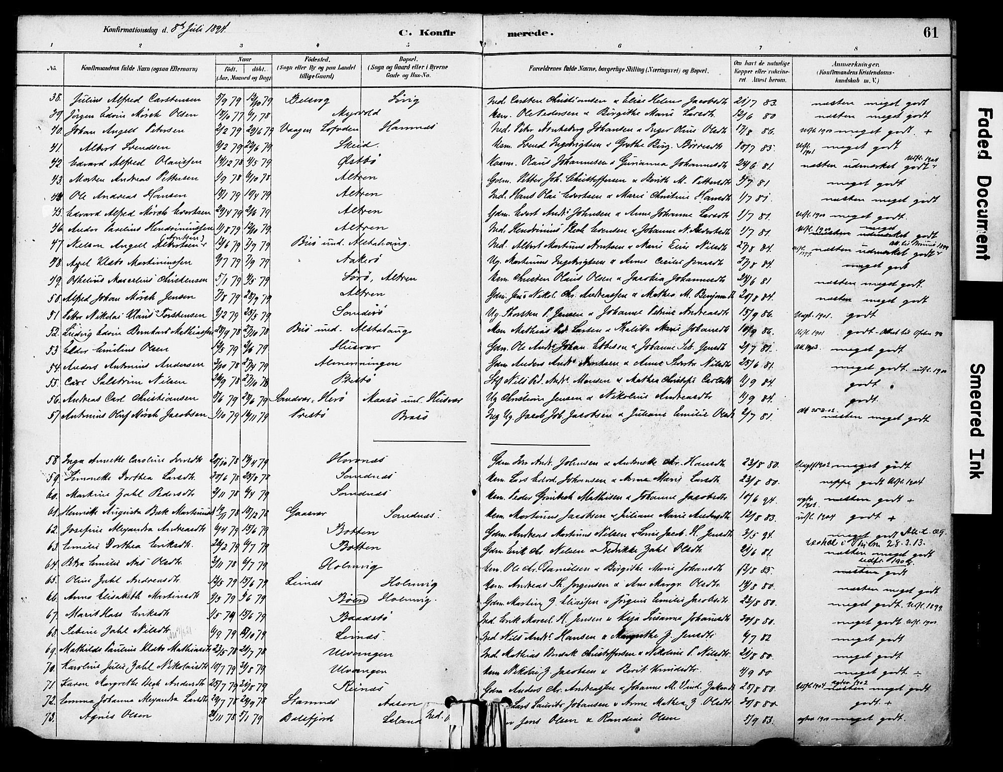 Ministerialprotokoller, klokkerbøker og fødselsregistre - Nordland, AV/SAT-A-1459/830/L0450: Ministerialbok nr. 830A14, 1879-1896, s. 61
