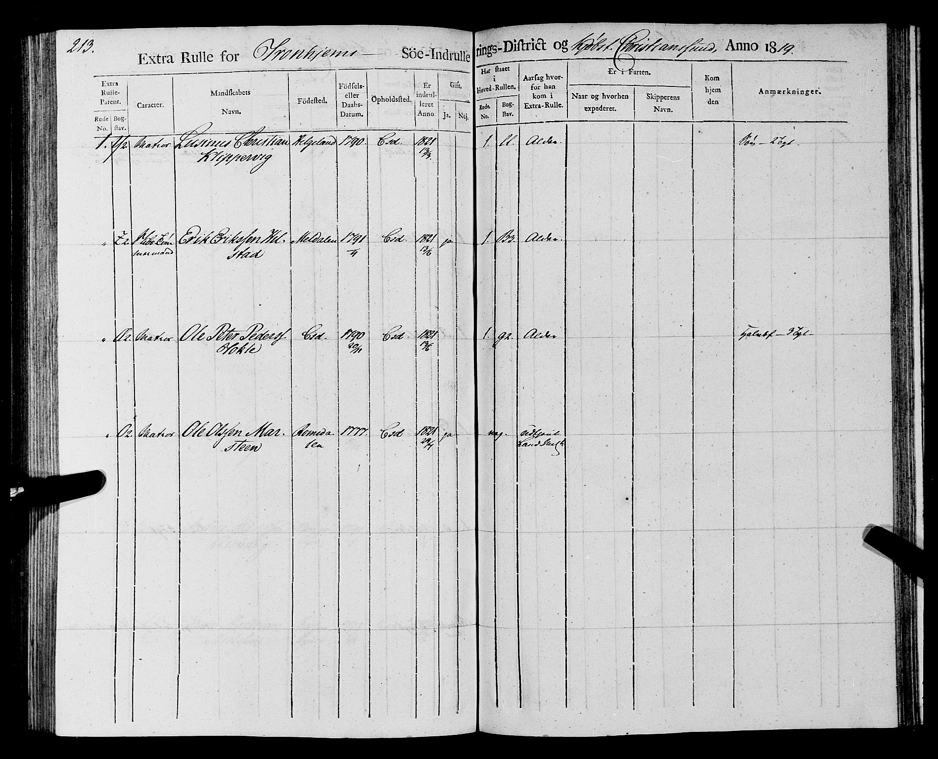 Sjøinnrulleringen - Trondhjemske distrikt, AV/SAT-A-5121/01/L0016/0001: -- / Rulle over Trondhjem distrikt, 1819, s. 213