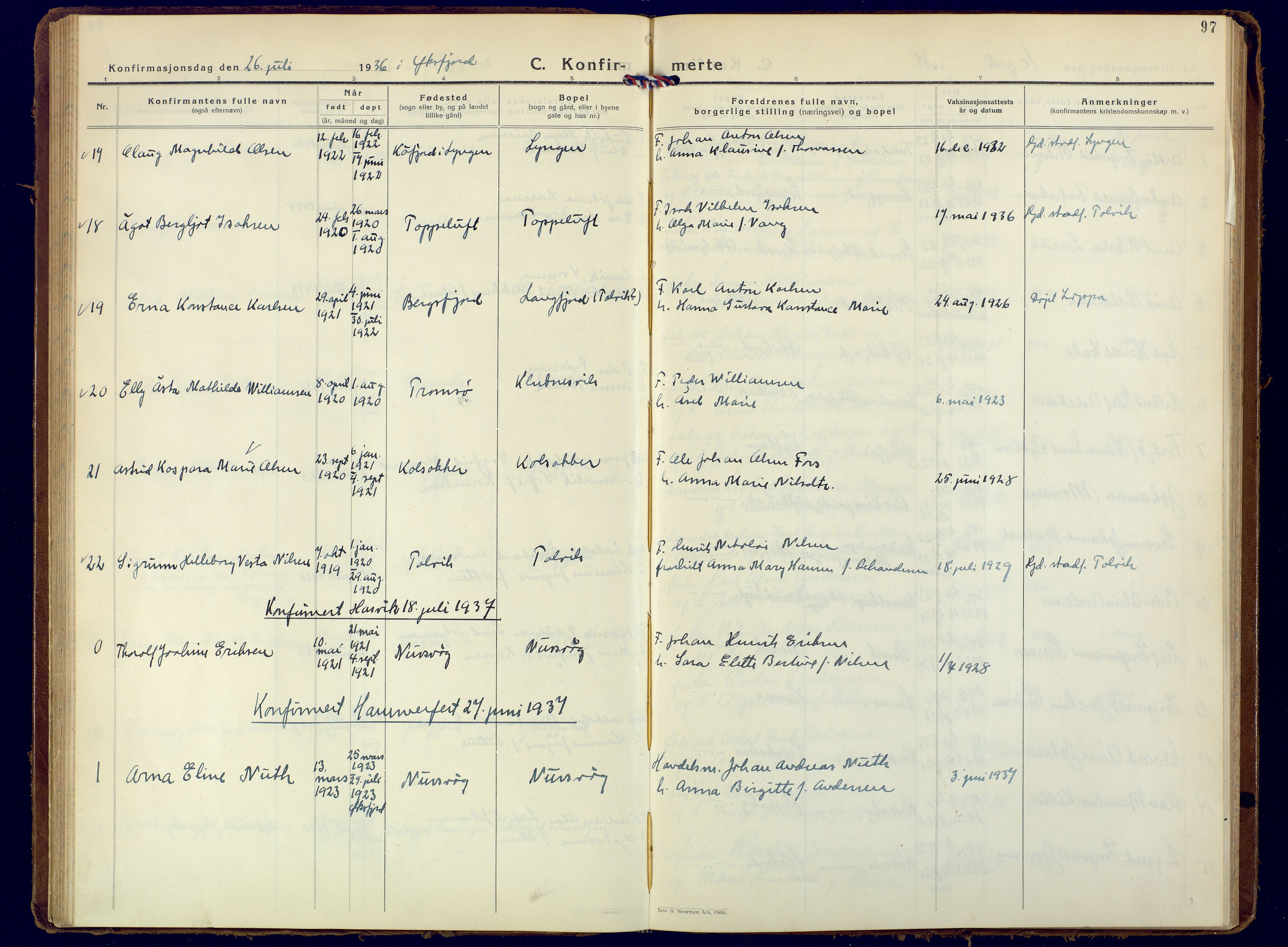 Loppa sokneprestkontor, AV/SATØ-S-1339/H/Ha/L0015kirke: Ministerialbok nr. 15, 1933-1941, s. 97