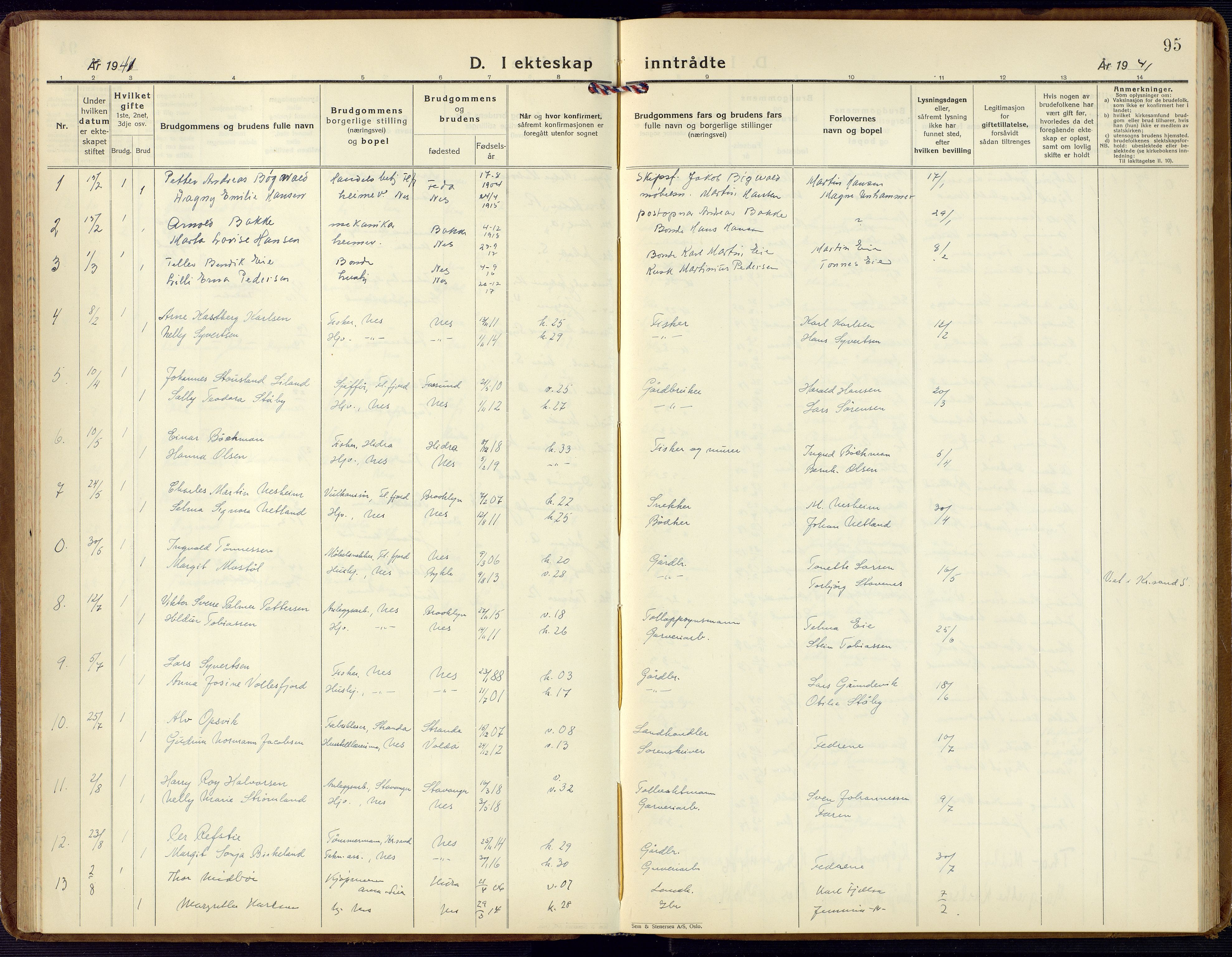 Flekkefjord sokneprestkontor, AV/SAK-1111-0012/F/Fb/Fbc/L0009: Klokkerbok nr. B 9, 1932-1965, s. 95