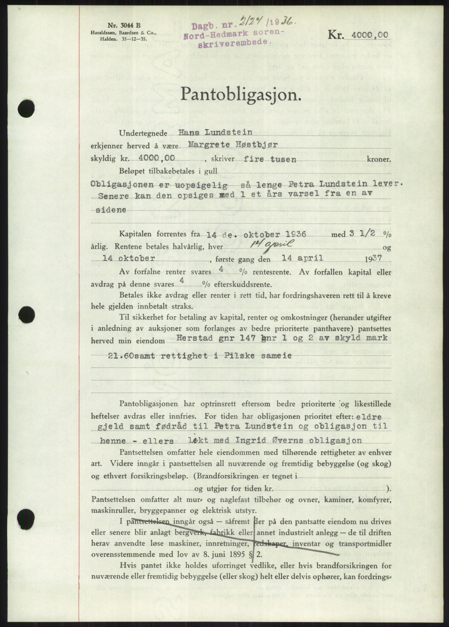 Nord-Hedmark sorenskriveri, SAH/TING-012/H/Hb/Hbf/L0001: Pantebok nr. B1, 1936-1936, Dagboknr: 2124/1936
