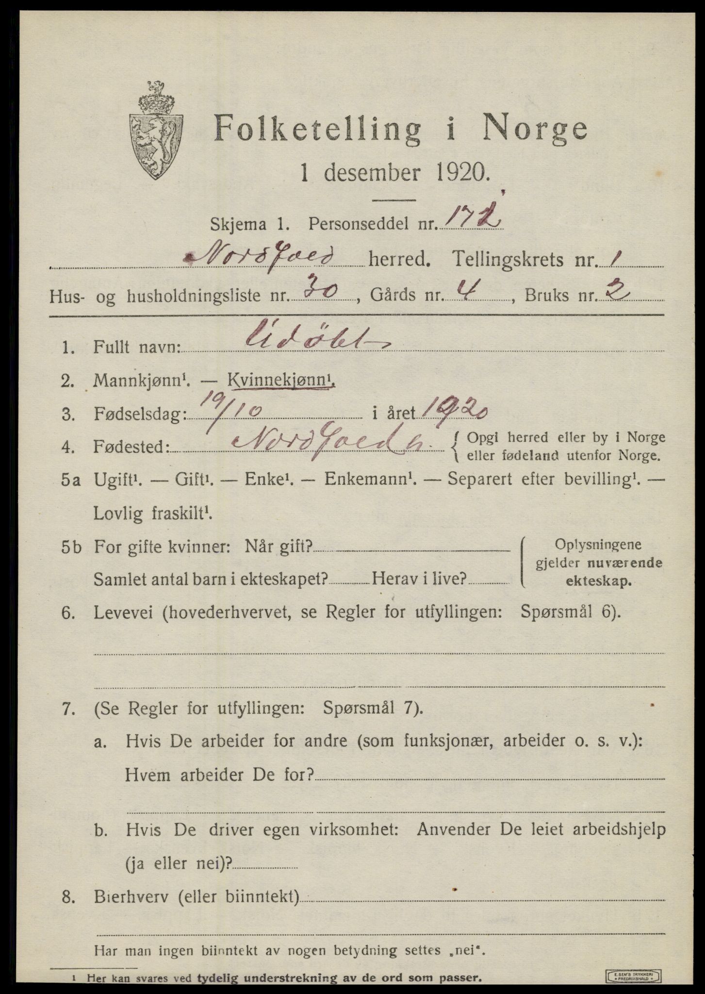 SAT, Folketelling 1920 for 1846 Nordfold herred, 1920, s. 853