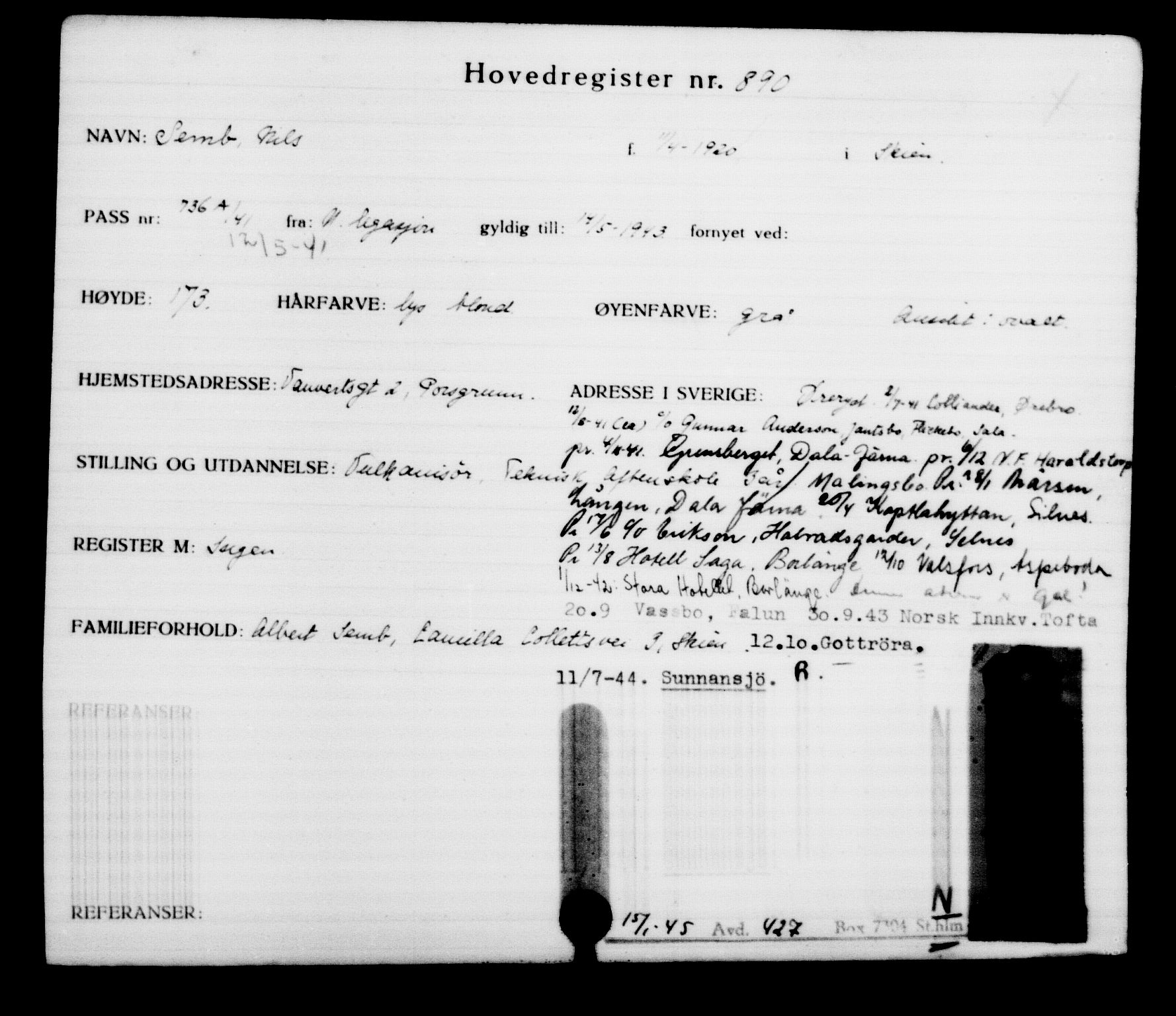 Utenriksstasjonene, Legasjonen i Stockholm, Flyktningkontoret, AV/RA-S-6753/V/Va/L0001: Kjesäterkartoteket, flyktninger med registreringsnr. 1-1000, 1940-1945, s. 1410