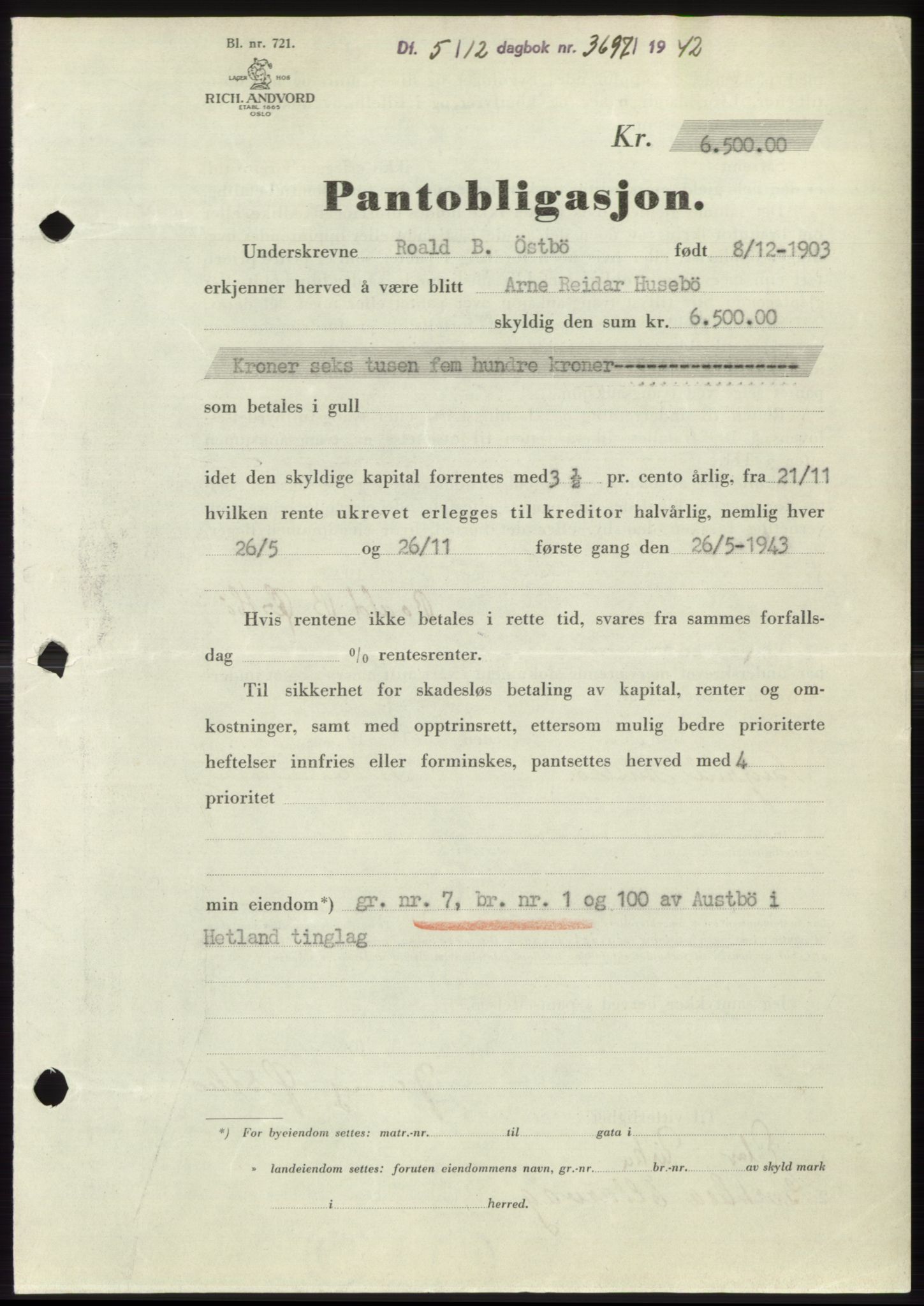 Jæren sorenskriveri, SAST/A-100310/03/G/Gba/L0083: Pantebok, 1942-1942, Dagboknr: 3697/1942