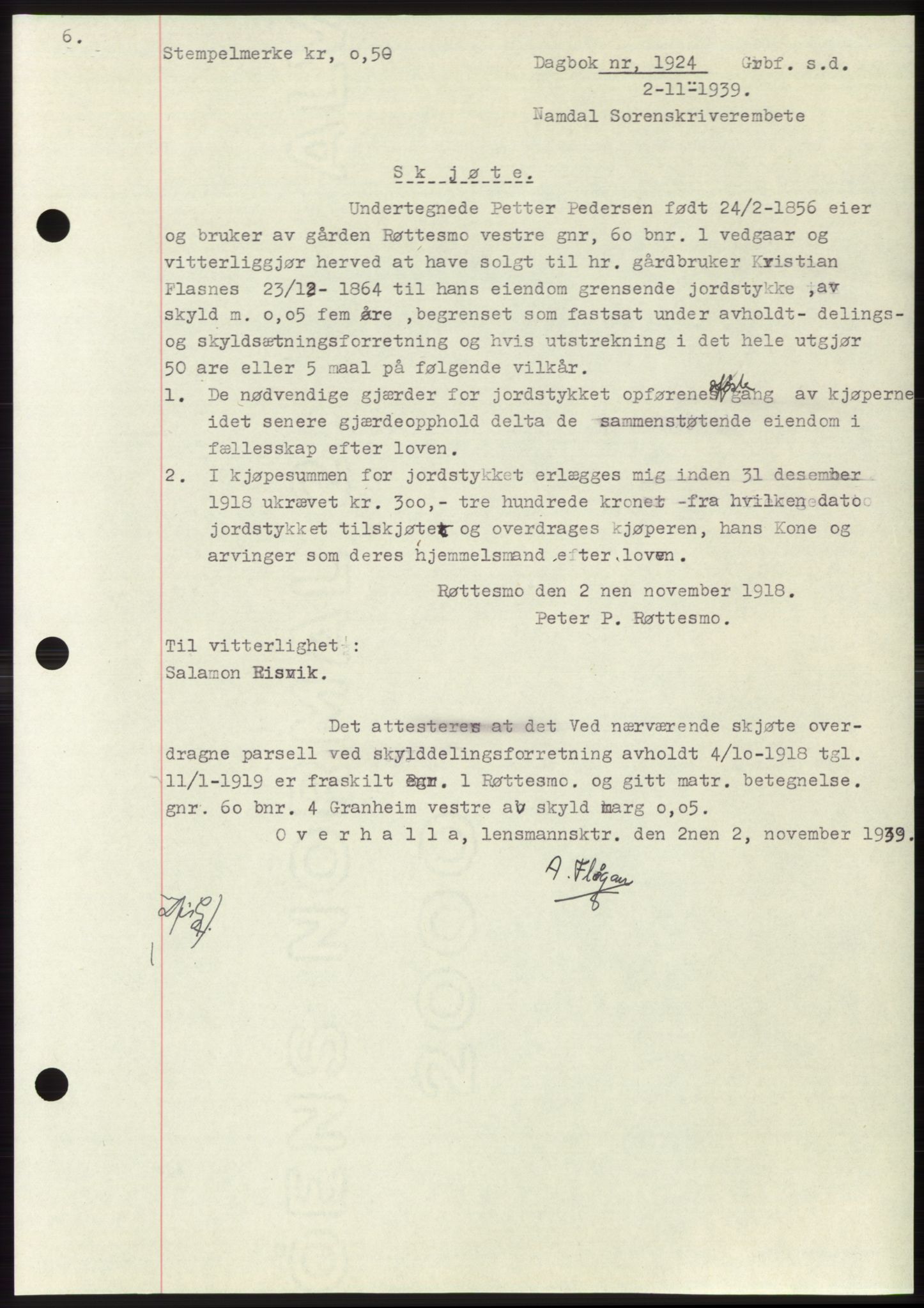 Namdal sorenskriveri, SAT/A-4133/1/2/2C: Pantebok nr. -, 1937-1939, Tingl.dato: 02.11.1939