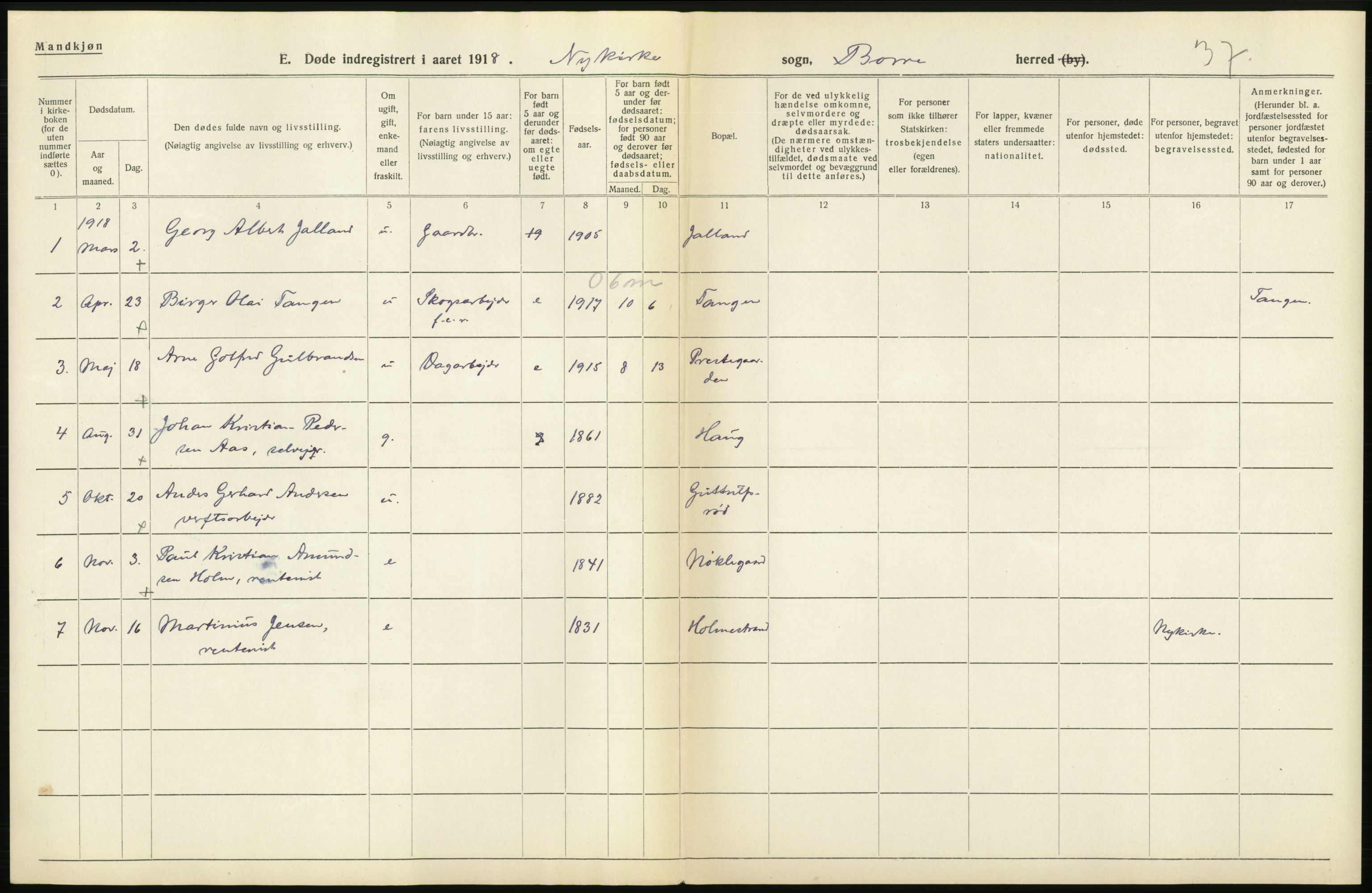 Statistisk sentralbyrå, Sosiodemografiske emner, Befolkning, AV/RA-S-2228/D/Df/Dfb/Dfbh/L0023: Vestfold fylke: Døde. Bygder og byer., 1918, s. 46