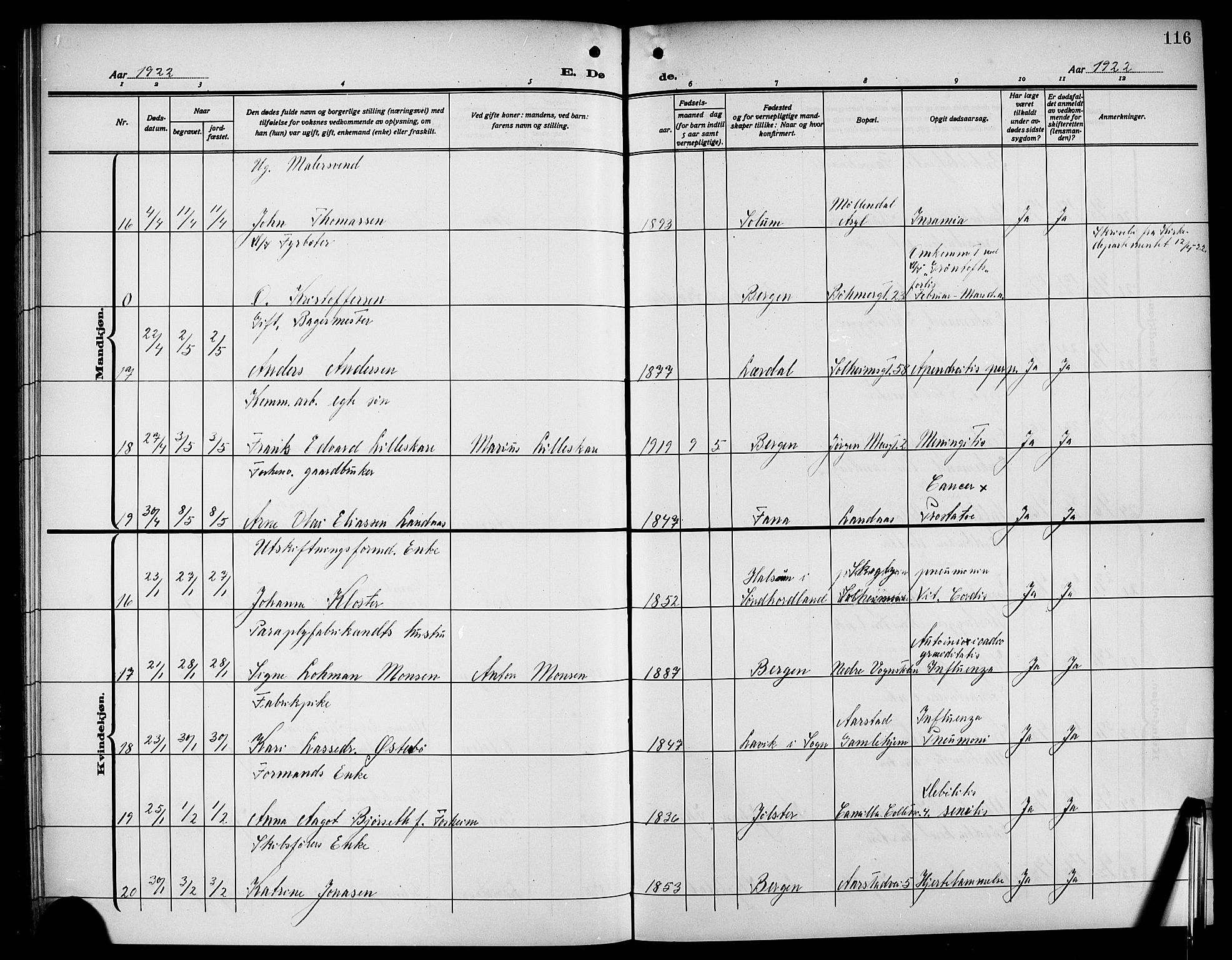 Årstad Sokneprestembete, AV/SAB-A-79301/H/Hab/L0024: Klokkerbok nr. D 1, 1915-1922, s. 116