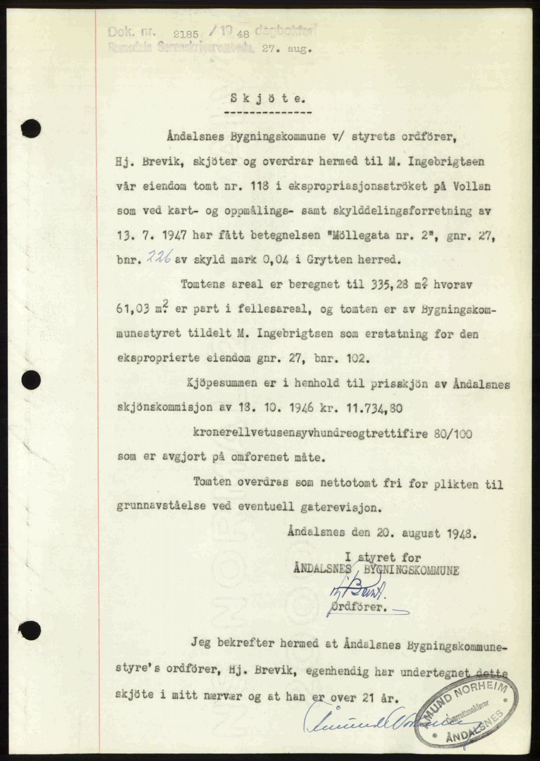 Romsdal sorenskriveri, SAT/A-4149/1/2/2C: Pantebok nr. A27, 1948-1948, Dagboknr: 2185/1948