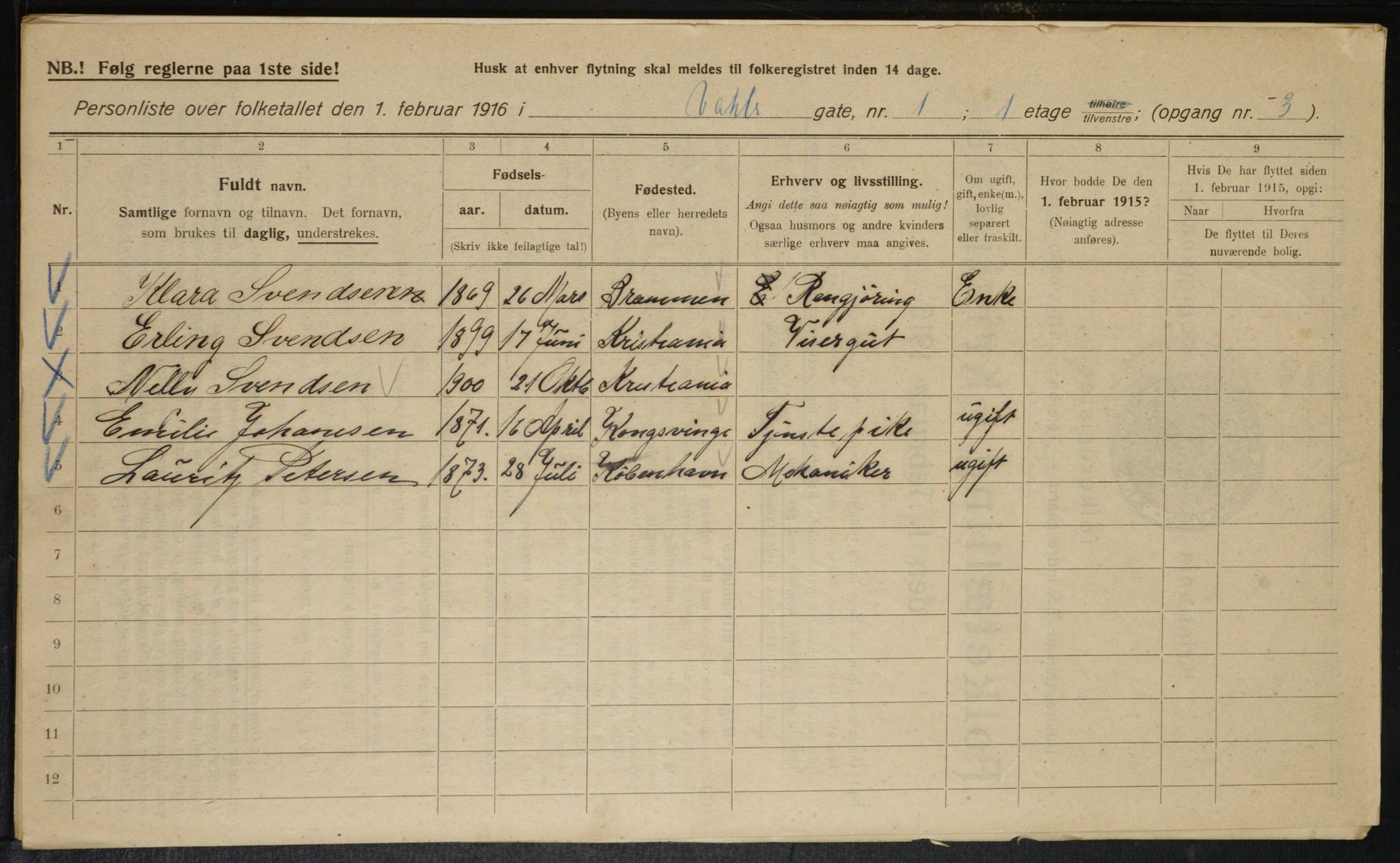 OBA, Kommunal folketelling 1.2.1916 for Kristiania, 1916, s. 125143