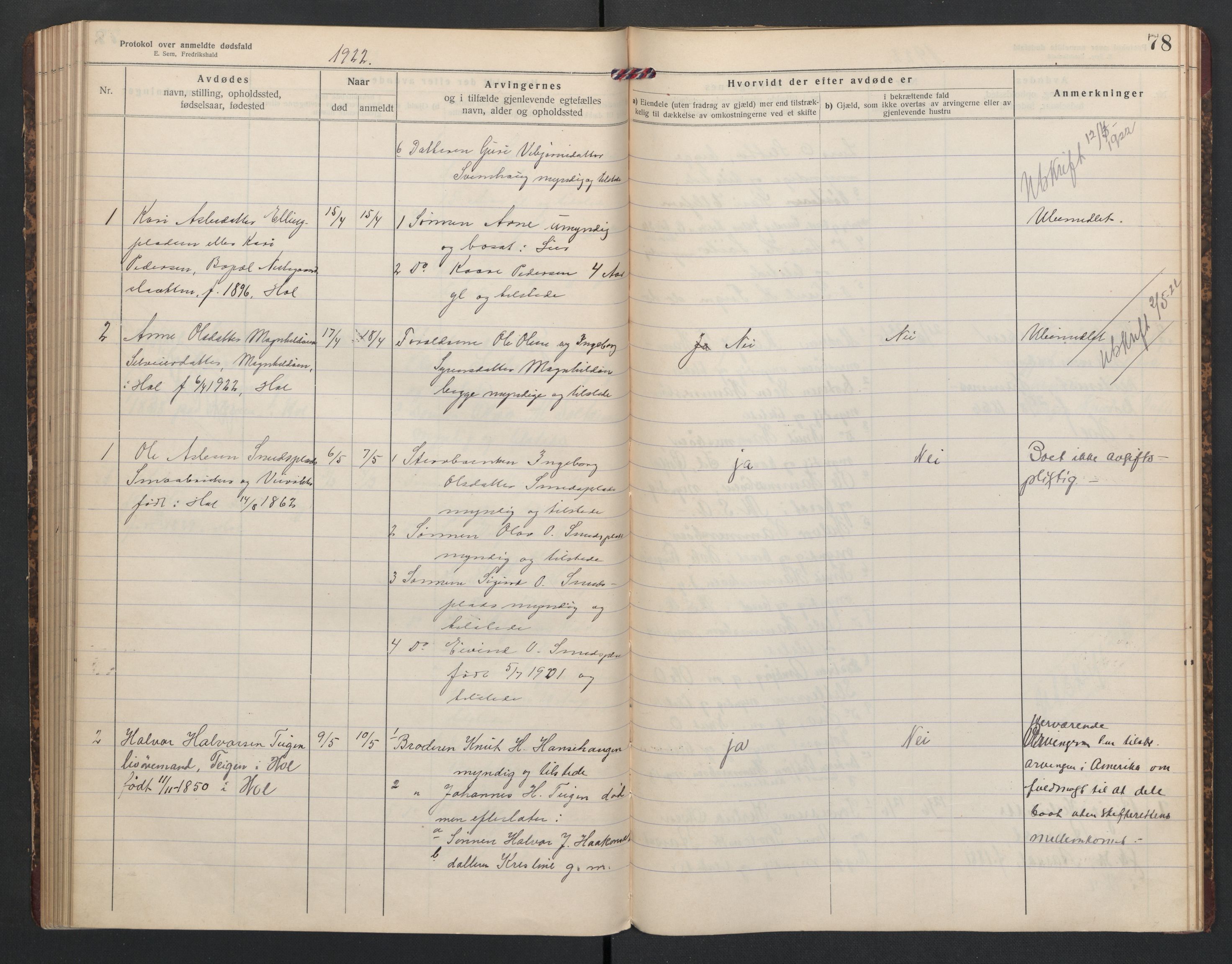 Hol lensmannskontor, AV/SAKO-A-512/H/Ha/L0005: Dødsanmeldelsesprotokoll, 1917-1924, s. 78