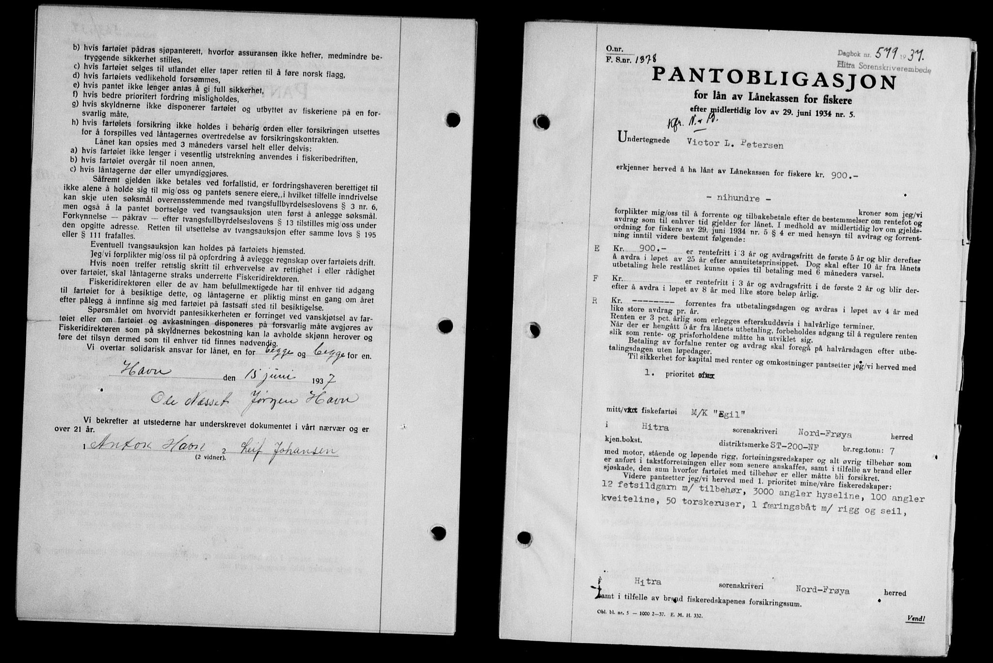 Hitra sorenskriveri, AV/SAT-A-0018/2/2C/2Ca/L0028: Pantebok nr. B-1, 1936-1939, Dagboknr: 579/1937