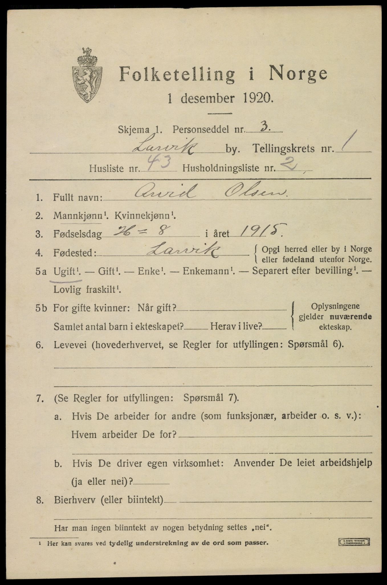 SAKO, Folketelling 1920 for 0707 Larvik kjøpstad, 1920, s. 9282