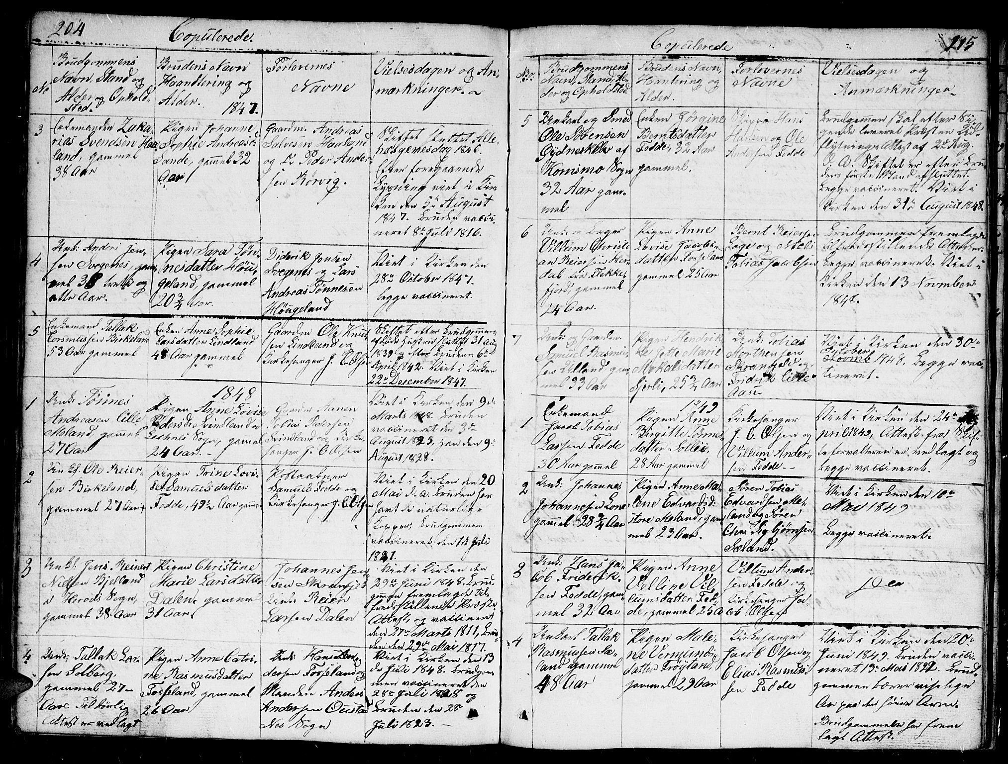 Kvinesdal sokneprestkontor, AV/SAK-1111-0026/F/Fb/Fba/L0002: Klokkerbok nr. B 2, 1838-1858, s. 204-205