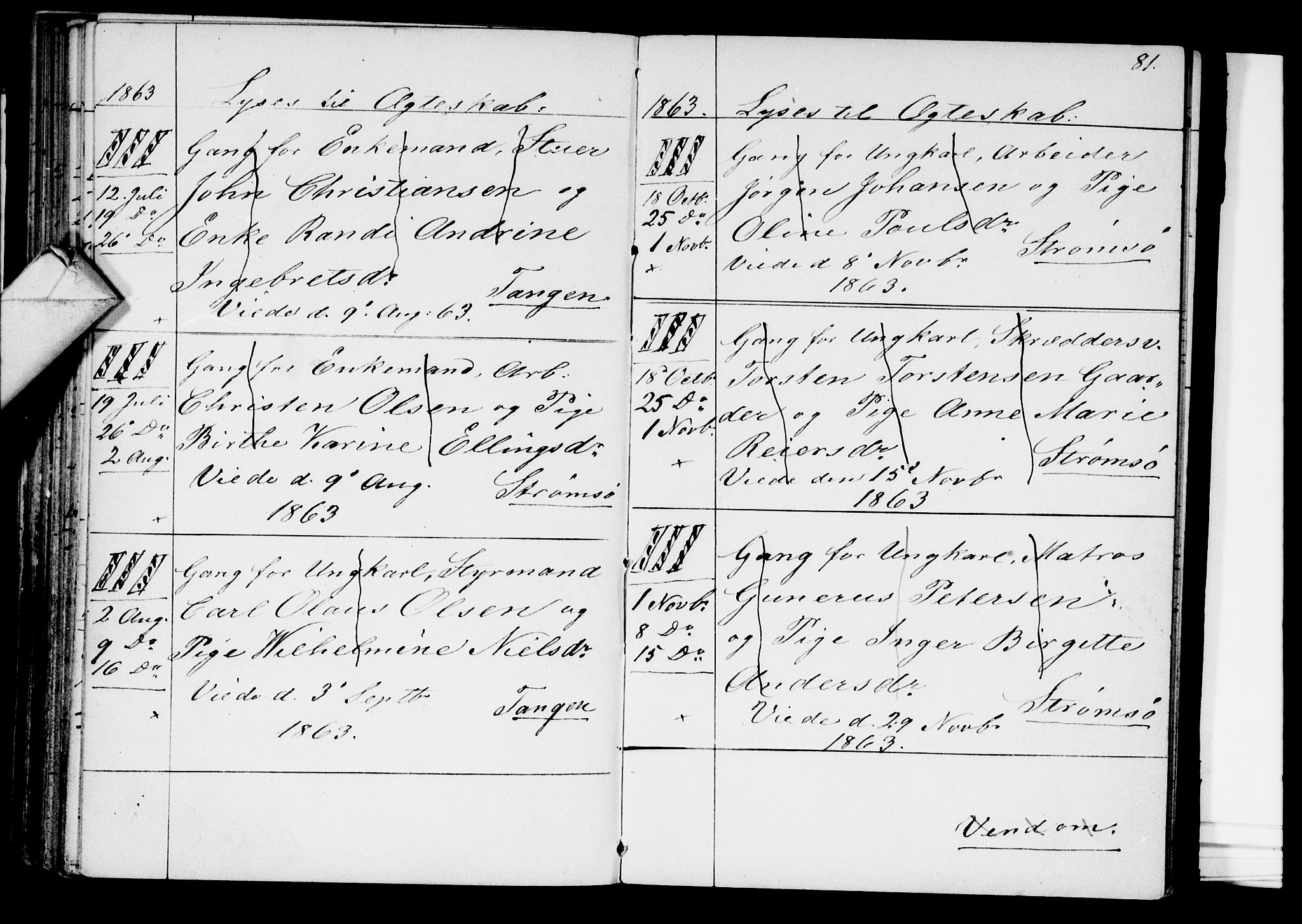 Strømsø kirkebøker, SAKO/A-246/H/Ha/L0002: Lysningsprotokoll nr. 2, 1850-1866, s. 81