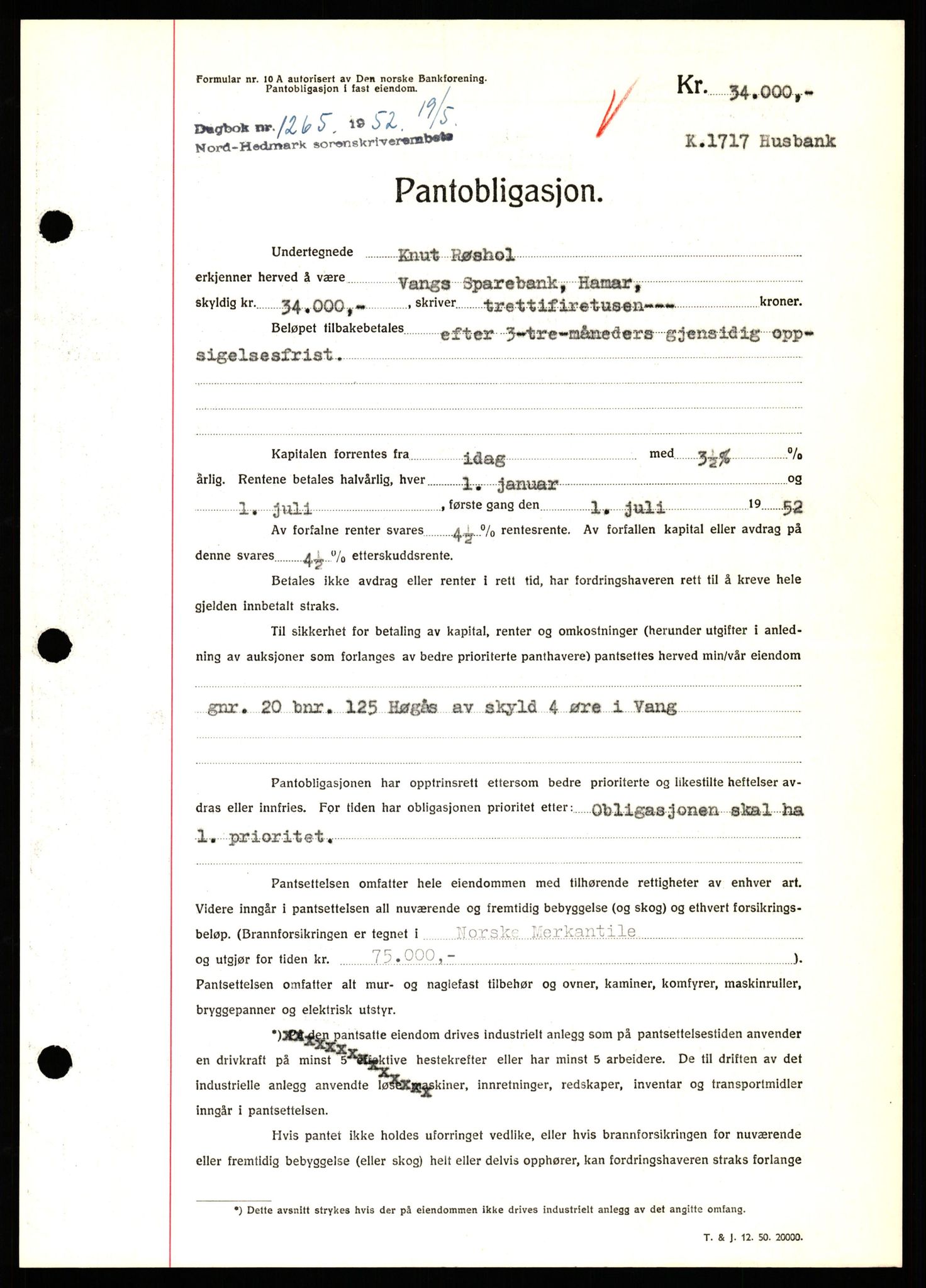 Nord-Hedmark sorenskriveri, SAH/TING-012/H/Hb/Hbf/L0025: Pantebok nr. B25, 1952-1952, Dagboknr: 1265/1952