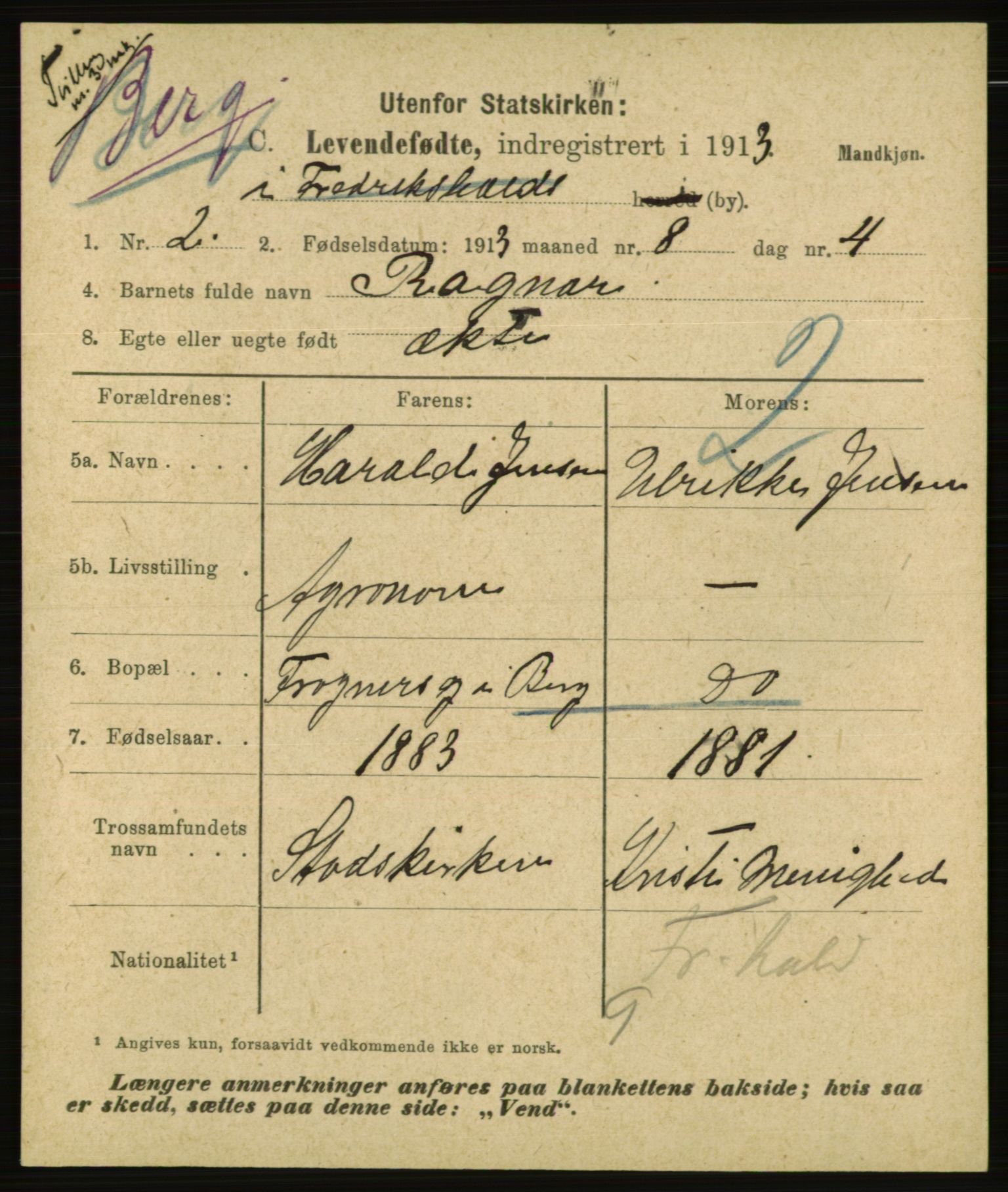 Statistisk sentralbyrå, Sosiodemografiske emner, Befolkning, AV/RA-S-2228/E/L0011: Fødte, gifte, døde dissentere., 1913, s. 5