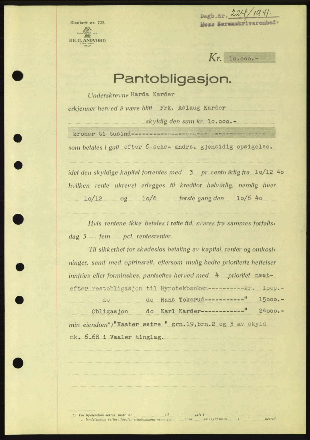 Moss sorenskriveri, SAO/A-10168: Pantebok nr. B10, 1940-1941, Dagboknr: 224/1941