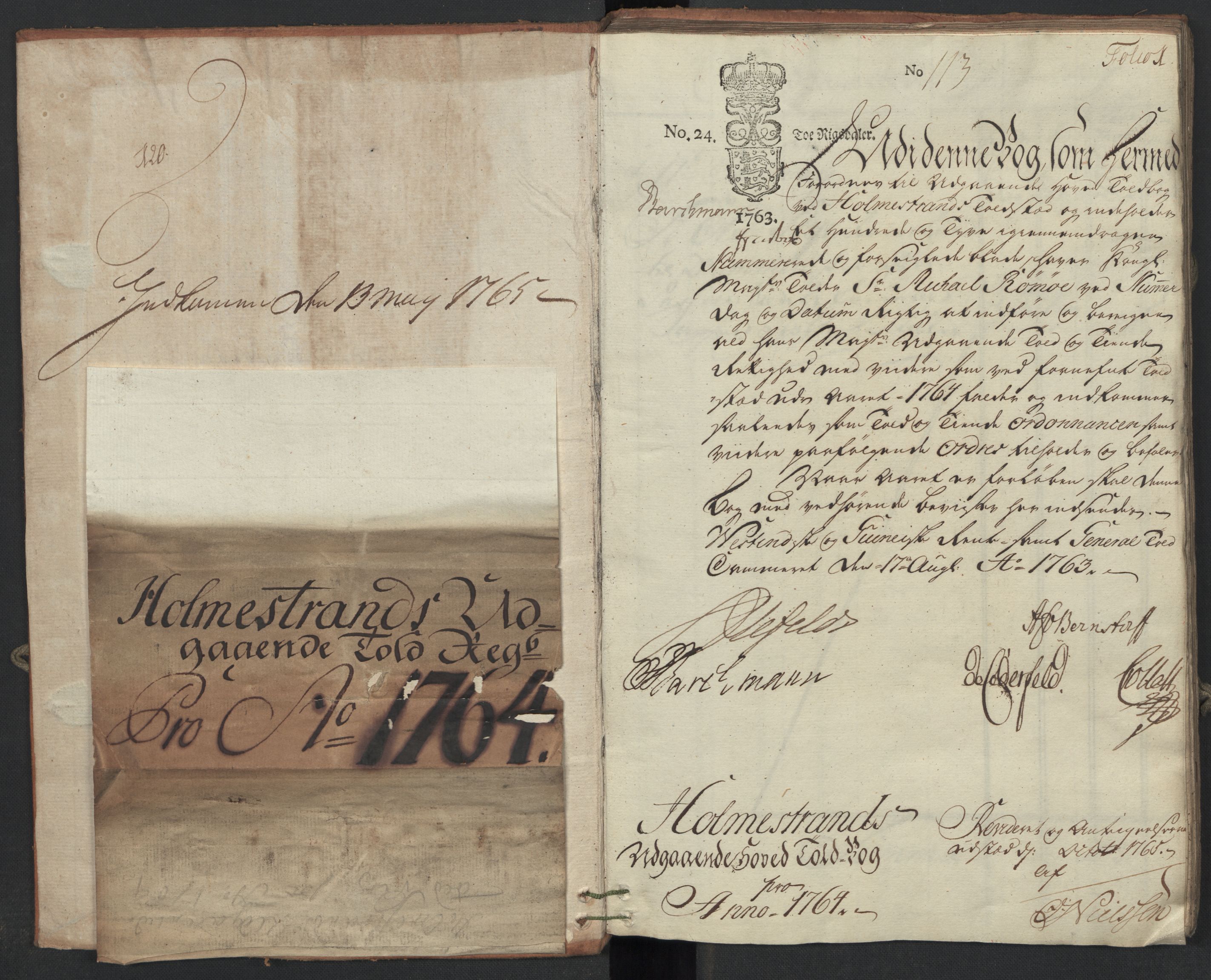 Generaltollkammeret, tollregnskaper, AV/RA-EA-5490/R09/L0038/0001: Tollregnskaper Holmestrand / Utgående hovedtollbok, 1764, s. 1a