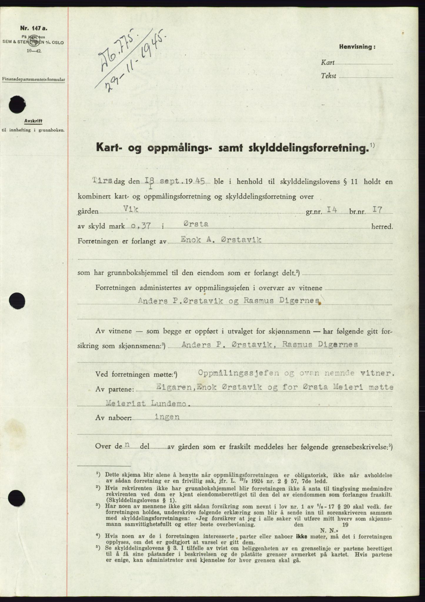 Søre Sunnmøre sorenskriveri, SAT/A-4122/1/2/2C/L0077: Pantebok nr. 3A, 1945-1946, Dagboknr: 775/1945
