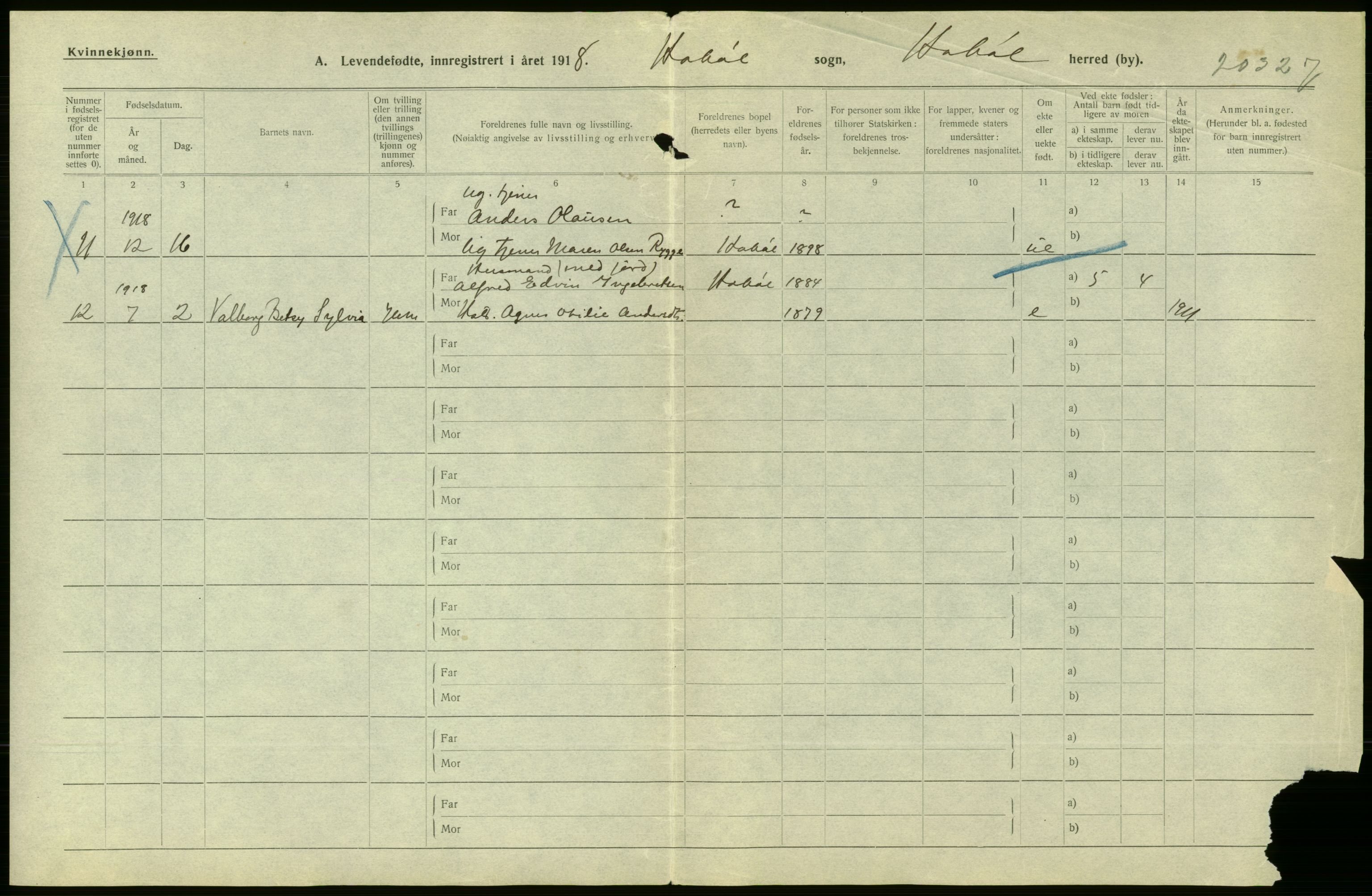 Statistisk sentralbyrå, Sosiodemografiske emner, Befolkning, RA/S-2228/D/Df/Dfb/Dfbh/L0001: Østfold fylke: Levendefødte menn og kvinner. Bygder., 1918, s. 462