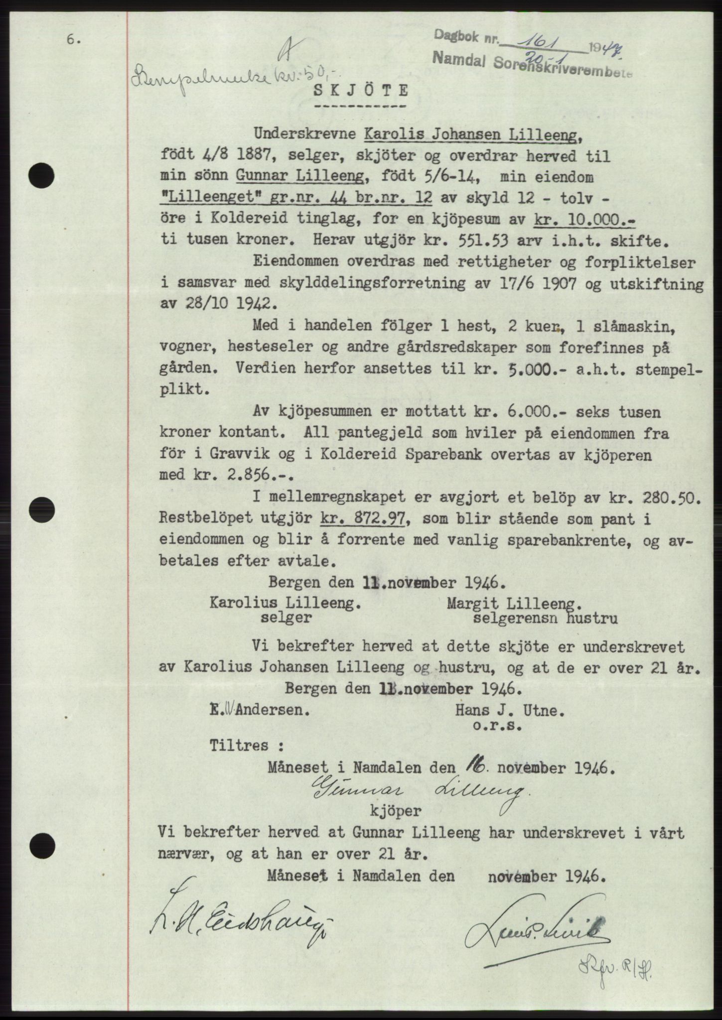 Namdal sorenskriveri, SAT/A-4133/1/2/2C: Pantebok nr. -, 1946-1947, Dagboknr: 161/1947