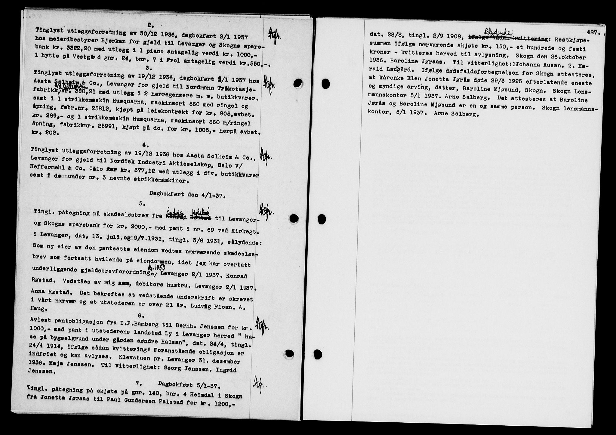 Stjør- og Verdal sorenskriveri, SAT/A-4167/1/2/2C/L0078: Pantebok nr. 46, 1936-1937, Dagboknr: 2/1937