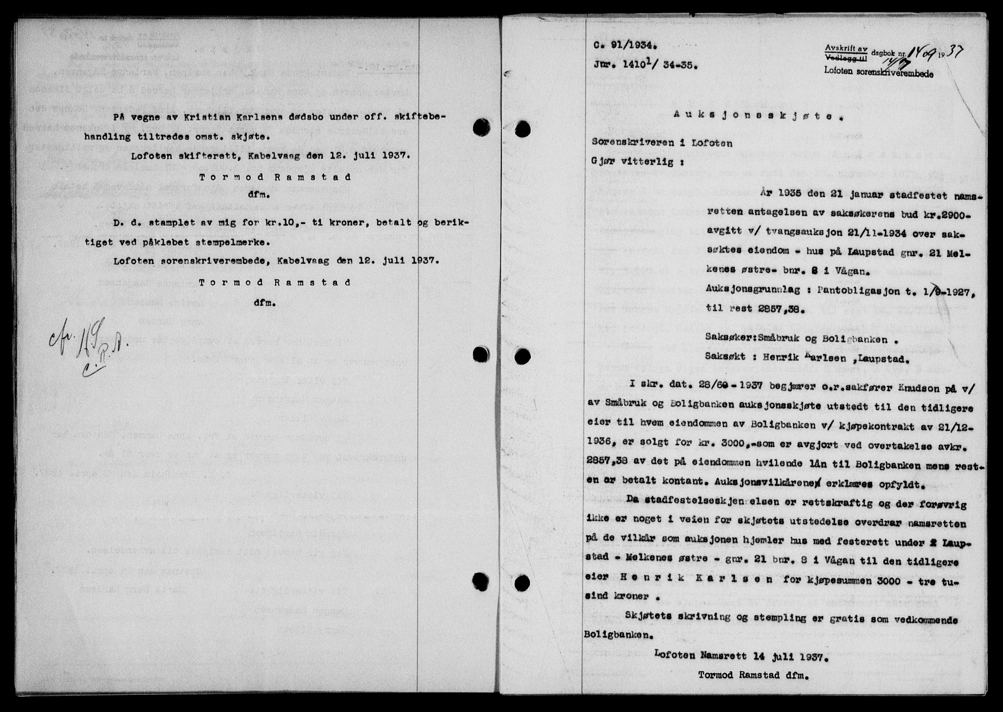 Lofoten sorenskriveri, SAT/A-0017/1/2/2C/L0002a: Pantebok nr. 2a, 1937-1937, Dagboknr: 1409/1937