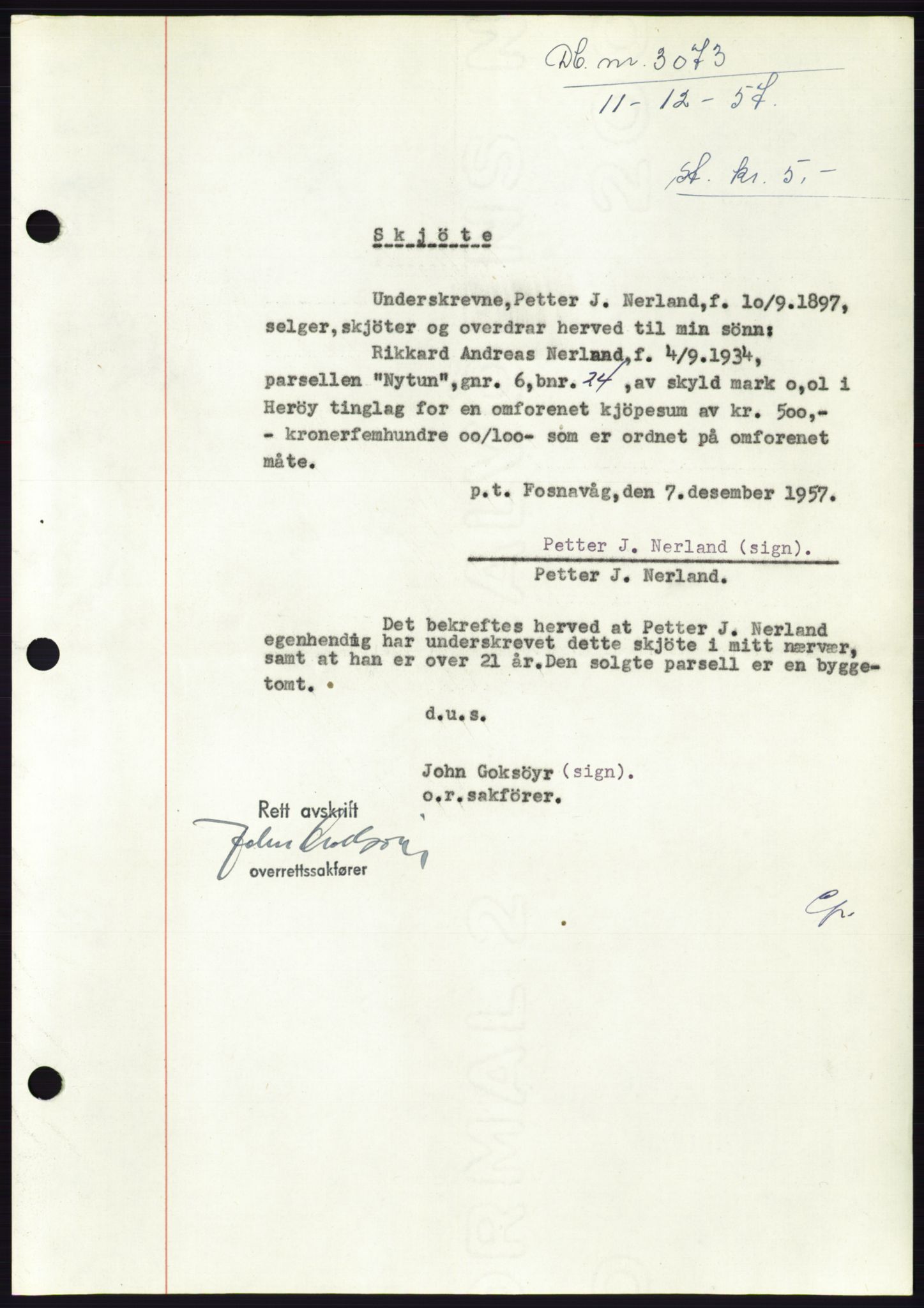 Søre Sunnmøre sorenskriveri, AV/SAT-A-4122/1/2/2C/L0108: Pantebok nr. 34A, 1957-1958, Dagboknr: 3073/1957