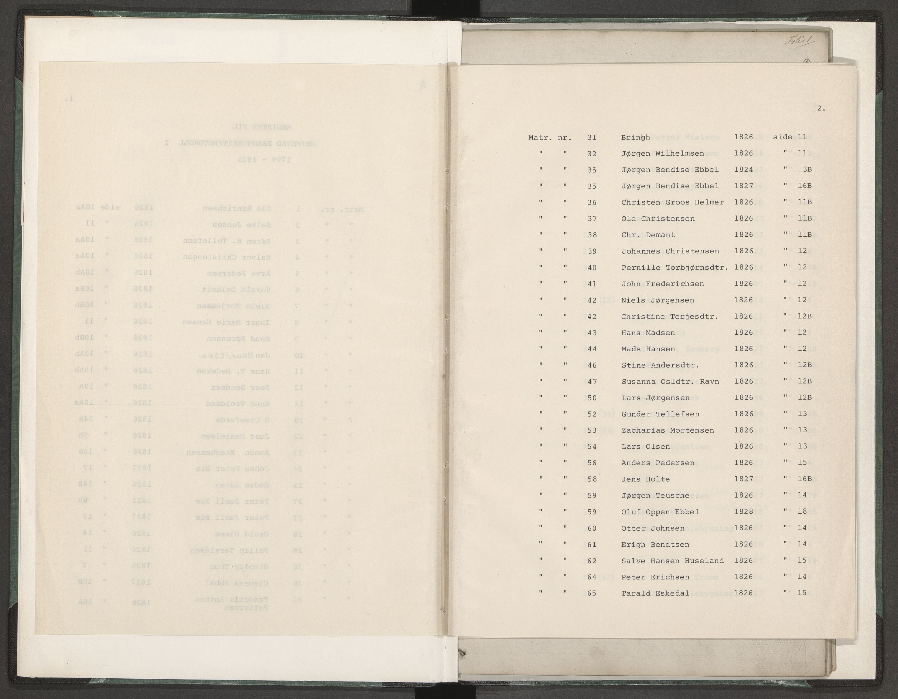 Norges Brannkasse Grimstad, AV/SAK-2241-0018/F/Fa/L0001: Branntakstprotokoll nr. 1 med register over matrikkelnummer og personnavn, 1799-1835