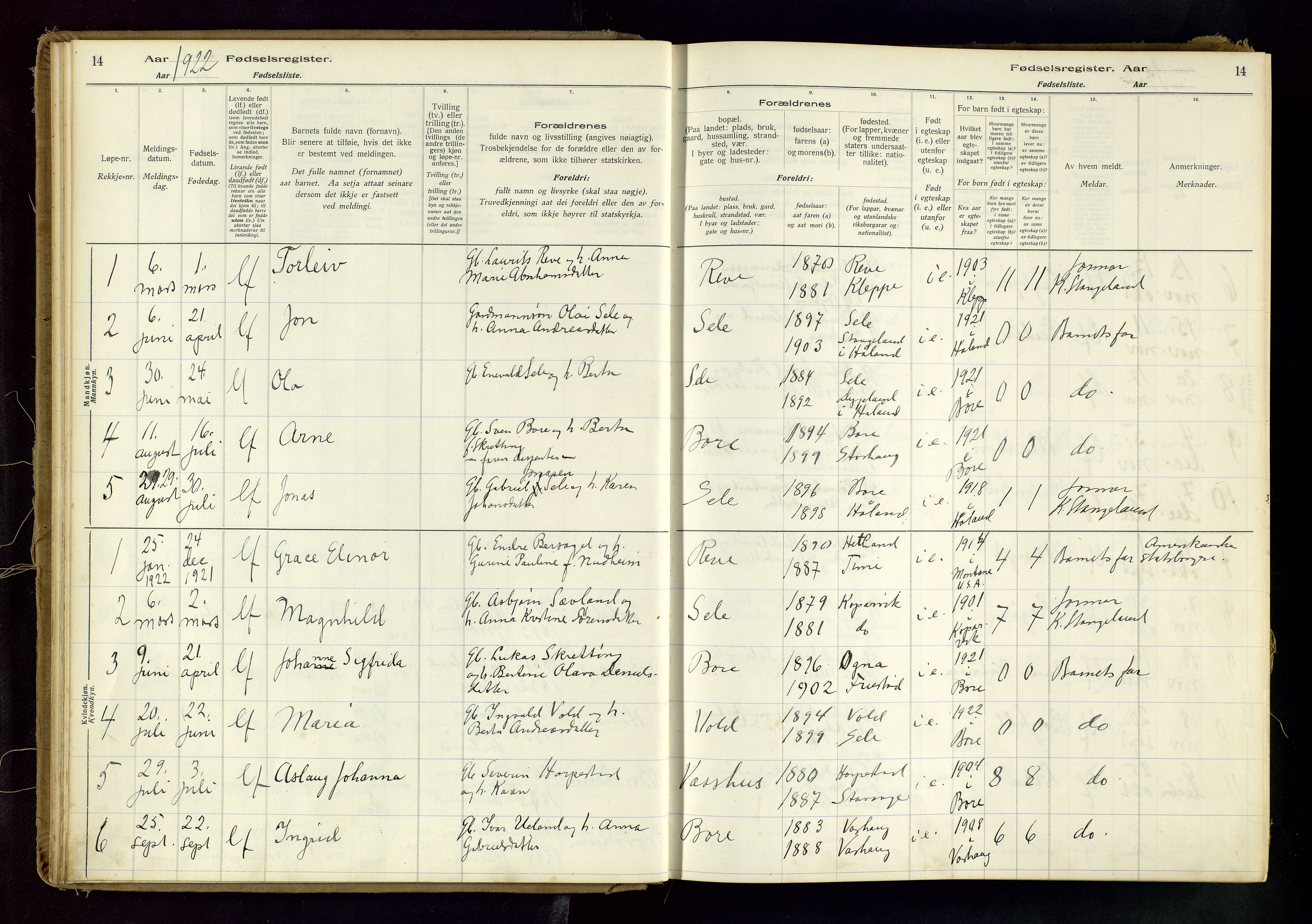 Klepp sokneprestkontor, AV/SAST-A-101803/001/704BAB/L0001: Fødselsregister nr. 1, 1916-1976, s. 14