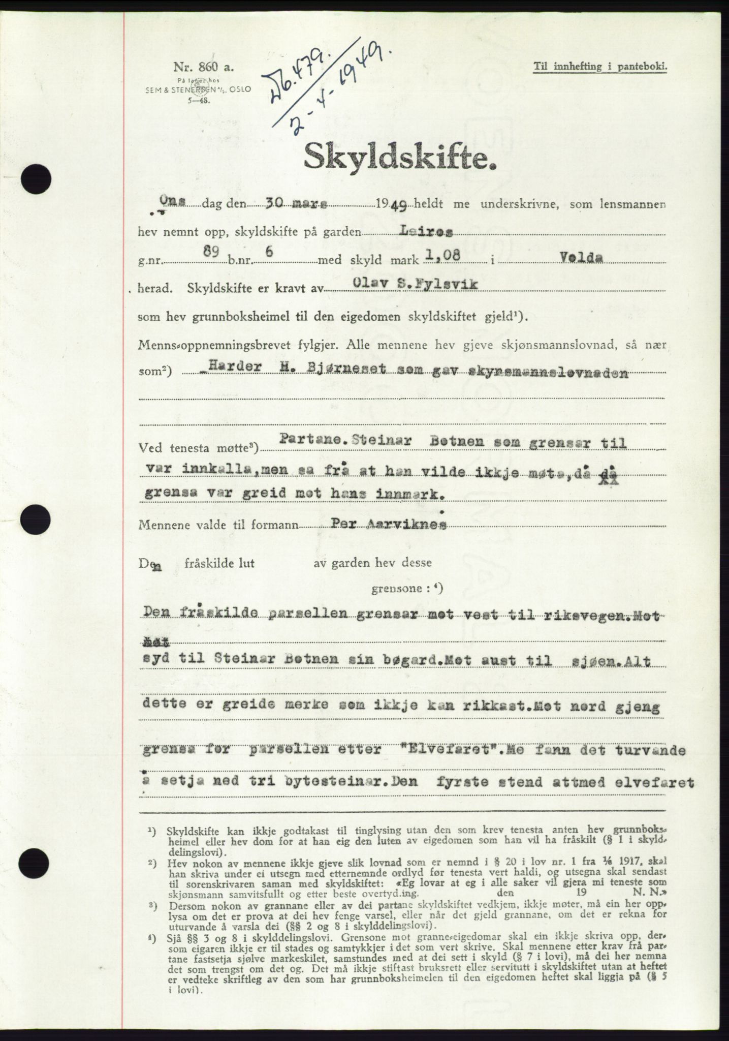 Søre Sunnmøre sorenskriveri, AV/SAT-A-4122/1/2/2C/L0084: Pantebok nr. 10A, 1949-1949, Dagboknr: 479/1949