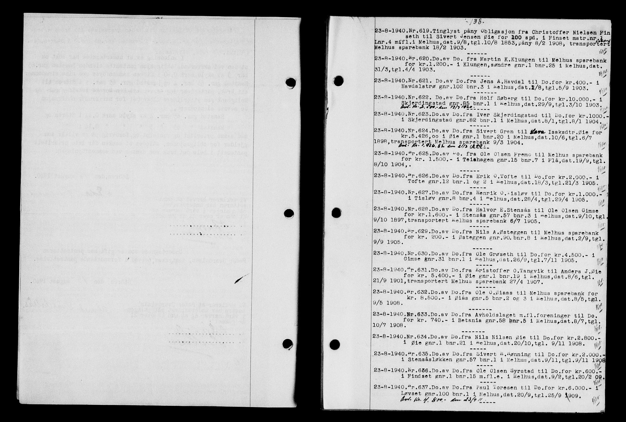 Gauldal sorenskriveri, SAT/A-0014/1/2/2C/L0052: Pantebok nr. 57, 1940-1941, Dagboknr: 619/1940