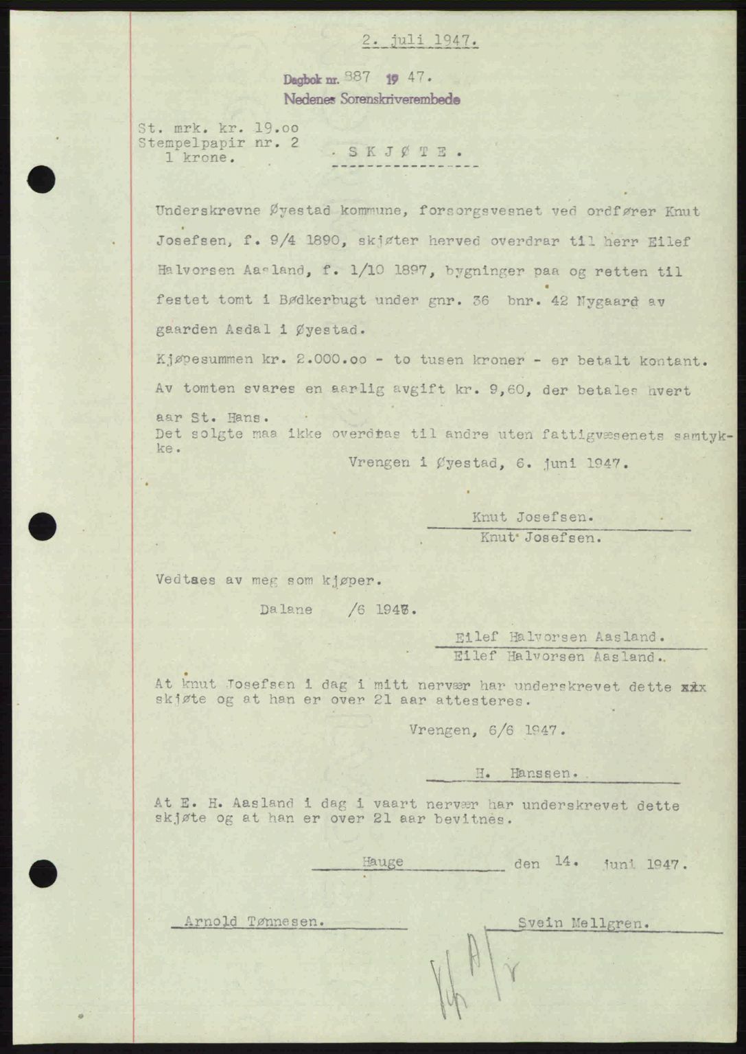 Nedenes sorenskriveri, AV/SAK-1221-0006/G/Gb/Gba/L0057: Pantebok nr. A9, 1947-1947, Dagboknr: 887/1947