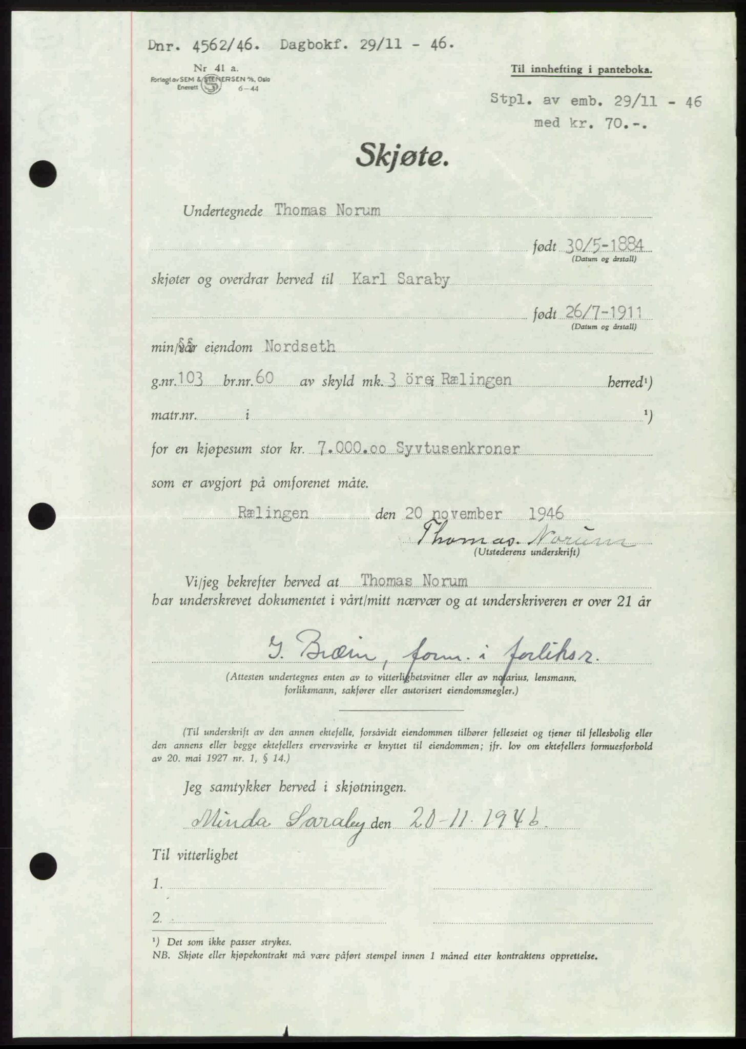 Nedre Romerike sorenskriveri, AV/SAO-A-10469/G/Gb/Gbd/L0017: Pantebok nr. 17, 1946-1946, Dagboknr: 4562/1946