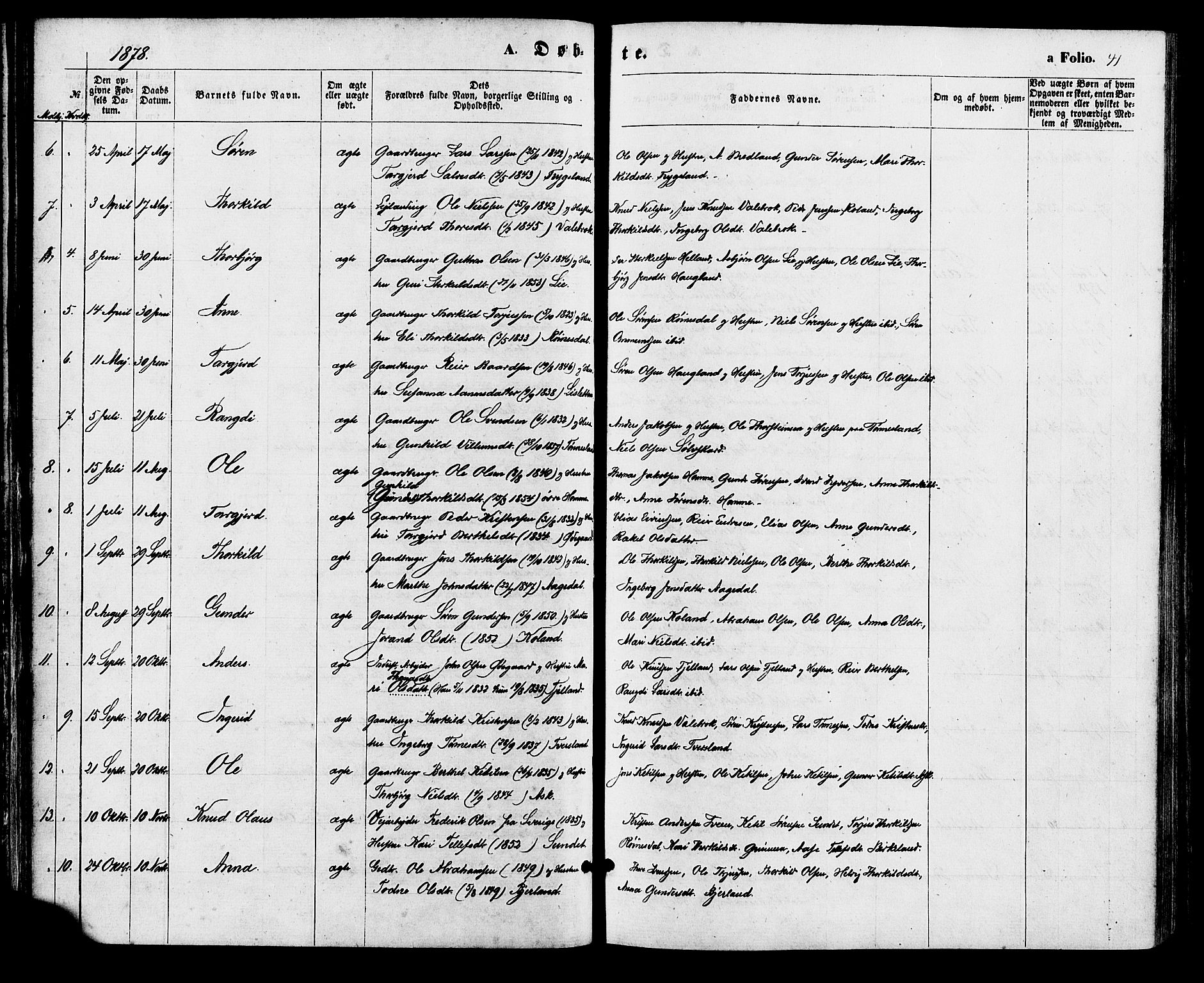 Bjelland sokneprestkontor, AV/SAK-1111-0005/F/Fa/Faa/L0003: Ministerialbok nr. A 3, 1867-1887, s. 41