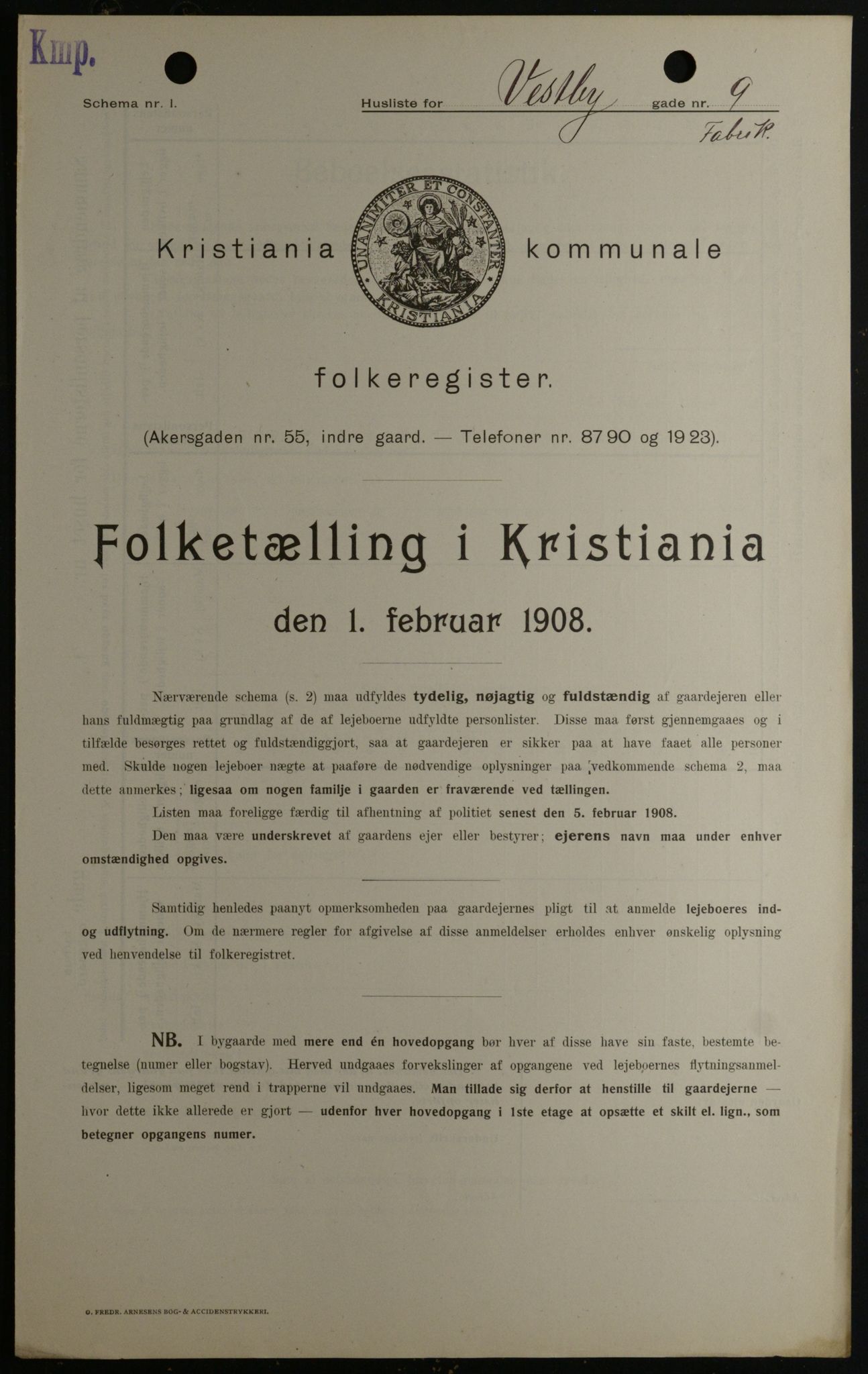 OBA, Kommunal folketelling 1.2.1908 for Kristiania kjøpstad, 1908, s. 109864