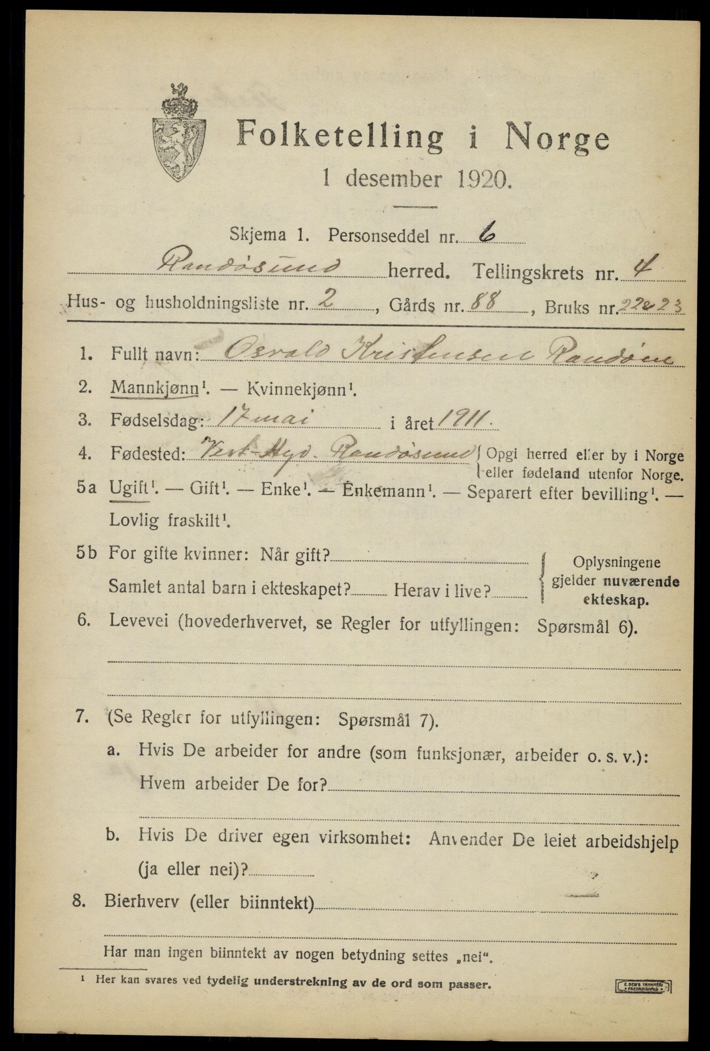 SAK, Folketelling 1920 for 1011 Randesund herred, 1920, s. 1806