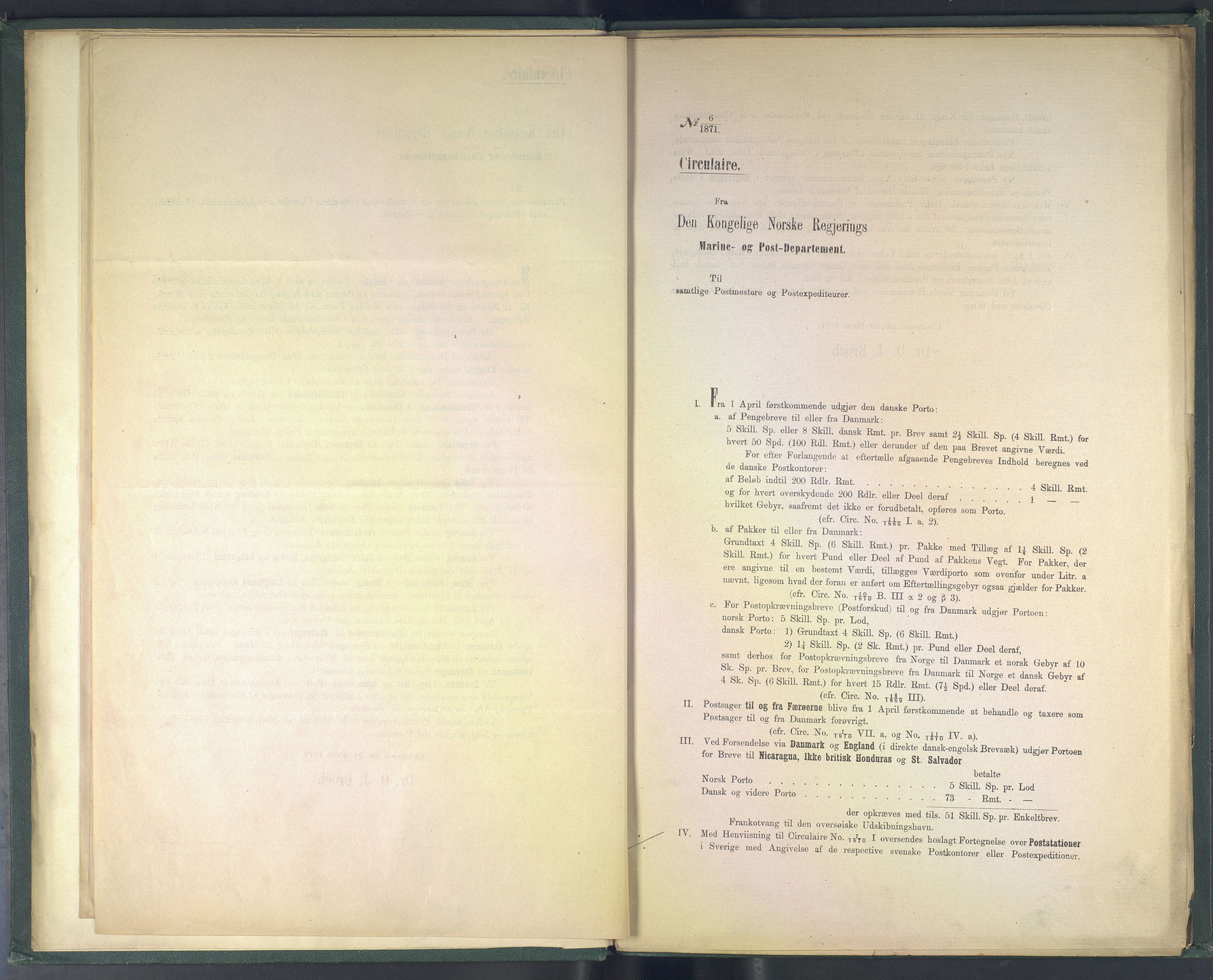 Norges Postmuseums bibliotek, NOPO/-/-/-: Sirkulærer fra Den Kongelige Norske Regjerings Marine- og Postdepartement, 1871