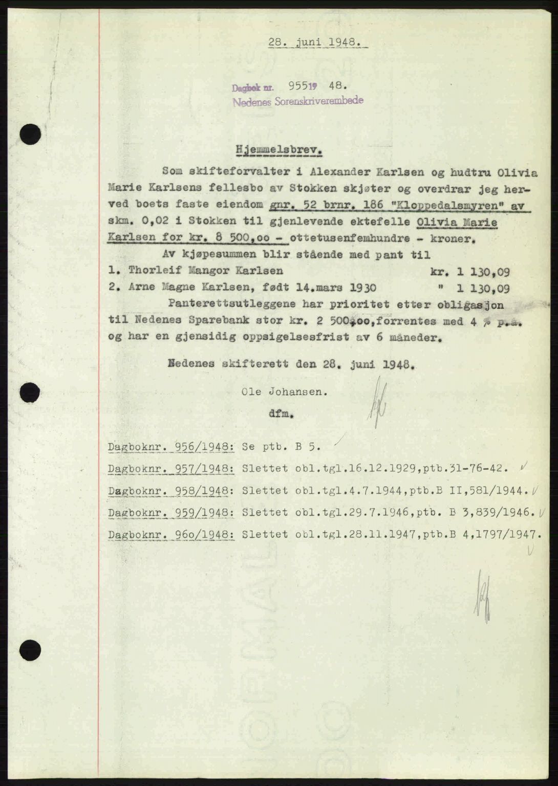 Nedenes sorenskriveri, AV/SAK-1221-0006/G/Gb/Gba/L0059: Pantebok nr. A11, 1948-1948, Dagboknr: 955/1948