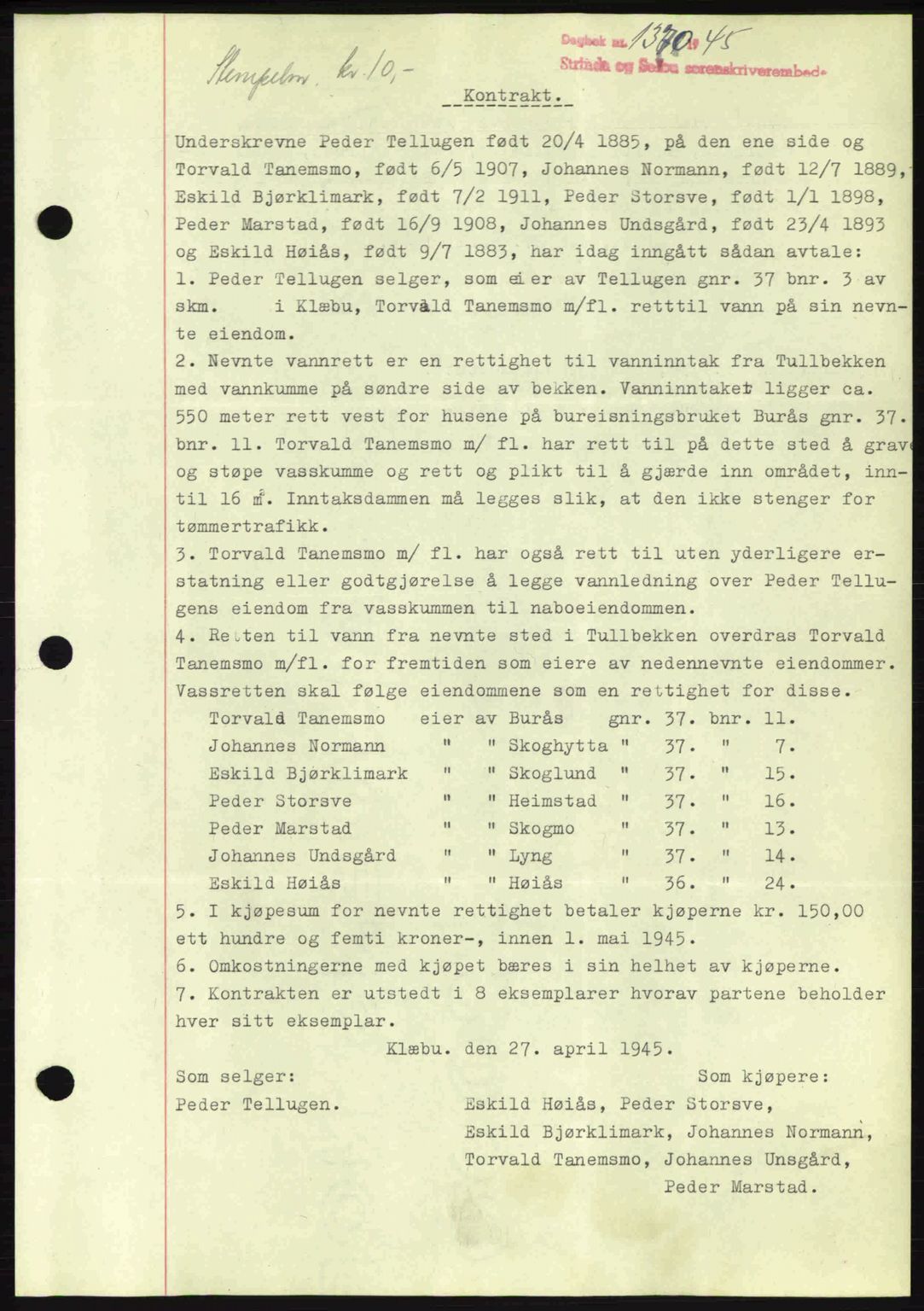 Strinda og Selbu sorenskriveri, SAT/A-0015/2/2C: Pantebok nr. A9, 1944-1945, Dagboknr: 1370/1945