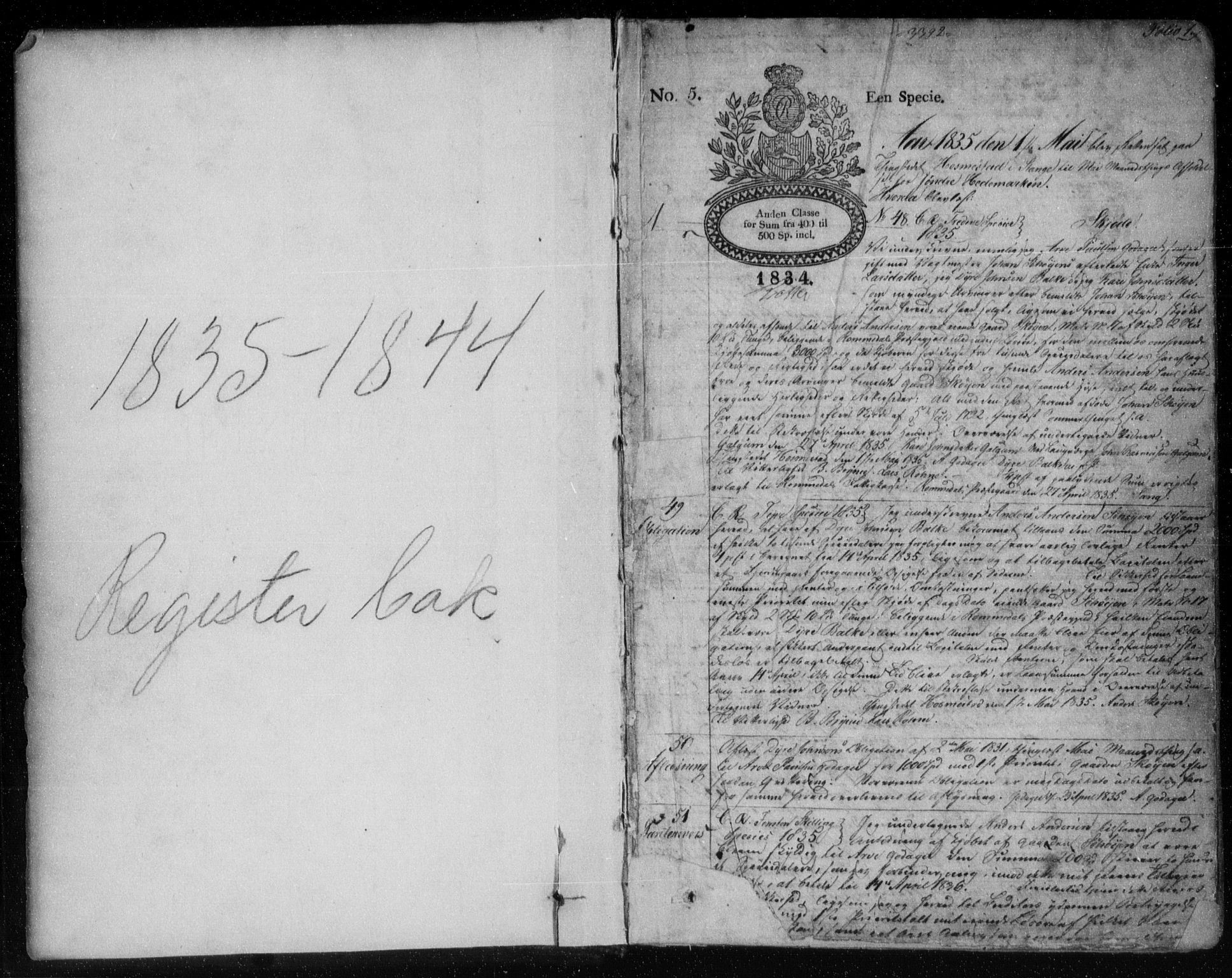 Sør-Hedmark sorenskriveri, AV/SAH-TING-014/H/Hb/Hba/L0005: Pantebok nr. 5, 1835-1844, s. 1