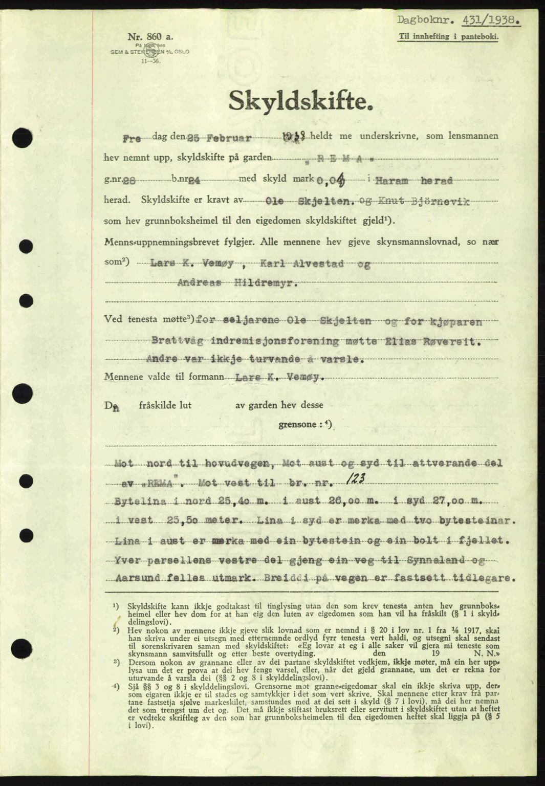 Nordre Sunnmøre sorenskriveri, AV/SAT-A-0006/1/2/2C/2Ca: Pantebok nr. A4, 1937-1938, Dagboknr: 431/1938