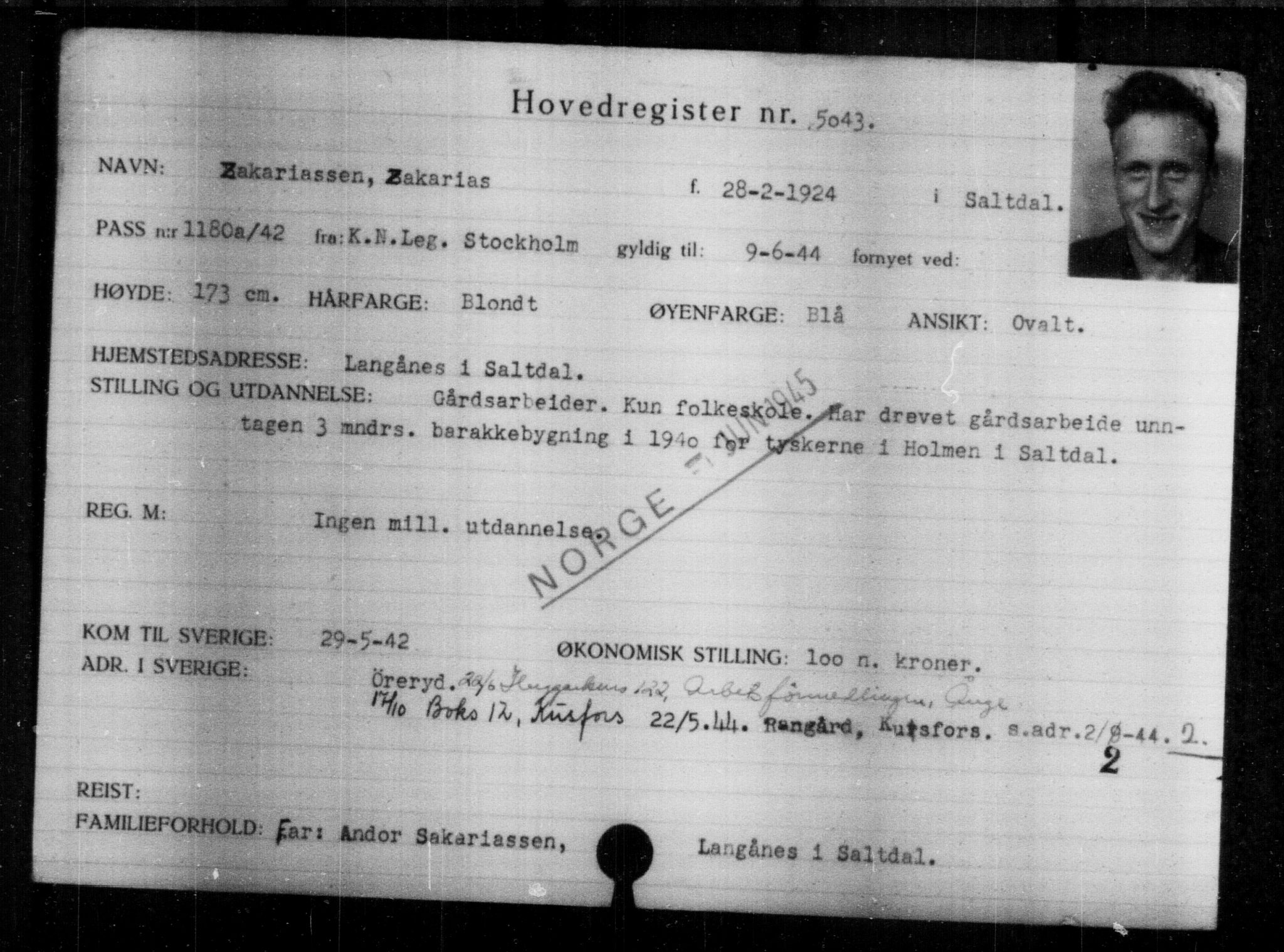 Utenriksstasjonene, Legasjonen i Stockholm, Flyktningkontoret, AV/RA-S-6753/V/Va/L0004: Kjesäterkartoteket, flyktninger med registreringsnr. 3496-6610, 1940-1945, s. 1831