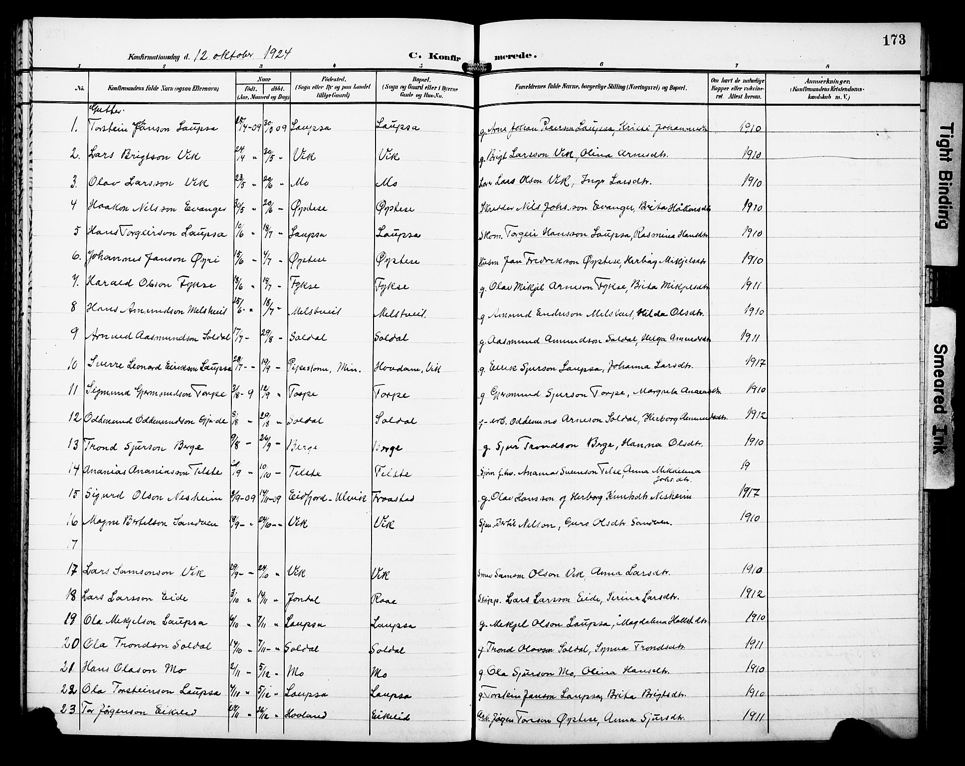 Kvam sokneprestembete, AV/SAB-A-76201/H/Hab: Klokkerbok nr. C 4, 1906-1931, s. 173