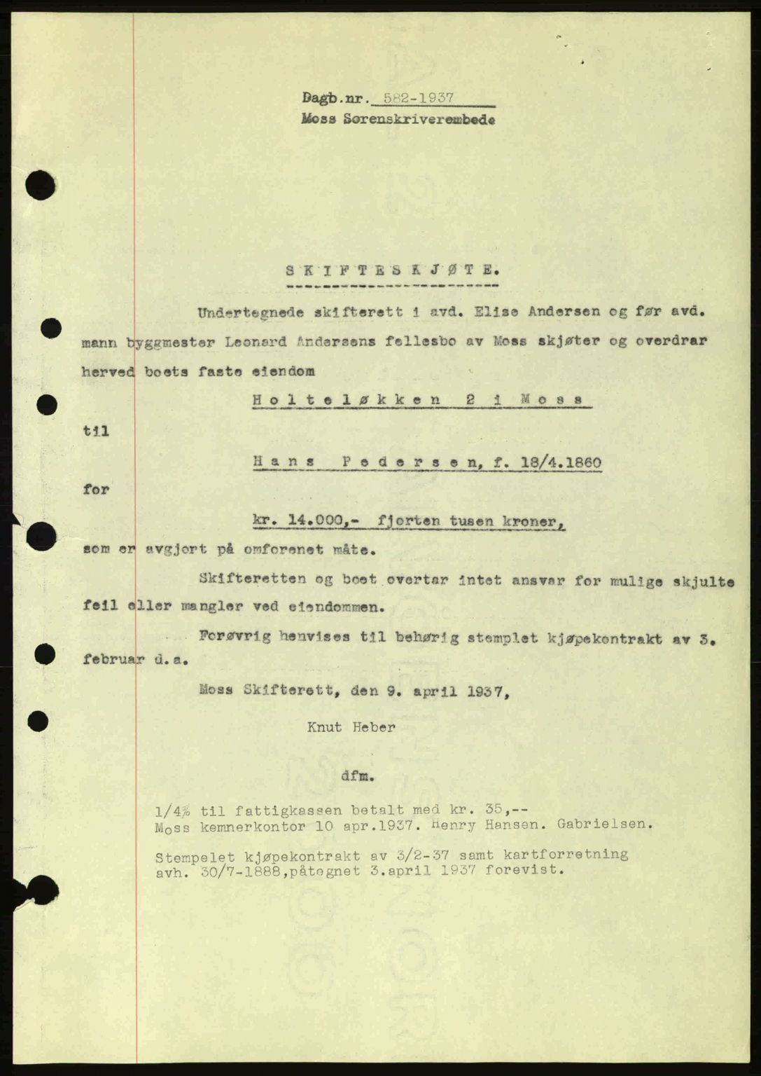 Moss sorenskriveri, SAO/A-10168: Pantebok nr. A2, 1936-1937, Dagboknr: 582/1937